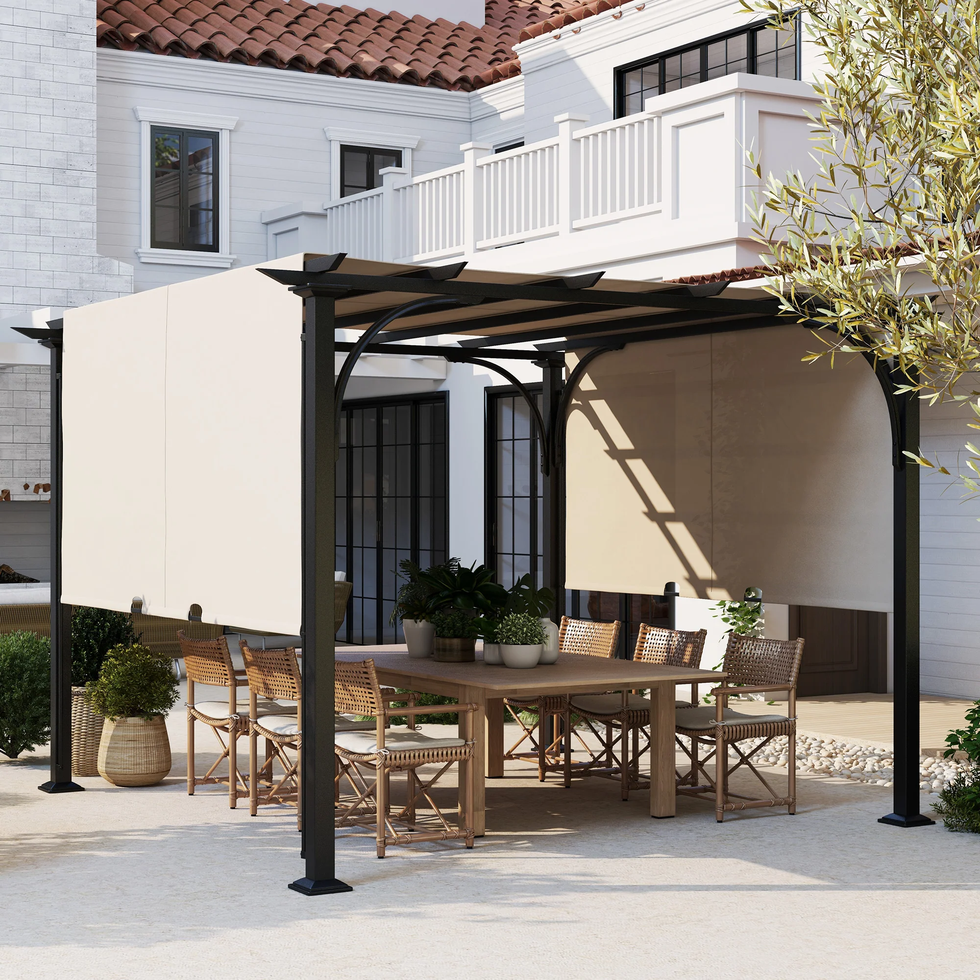 10' x 10' Outdoor Pergola Patio Gazebo Canopy Sun Shelter with Steel Frame, Beige - Image 4