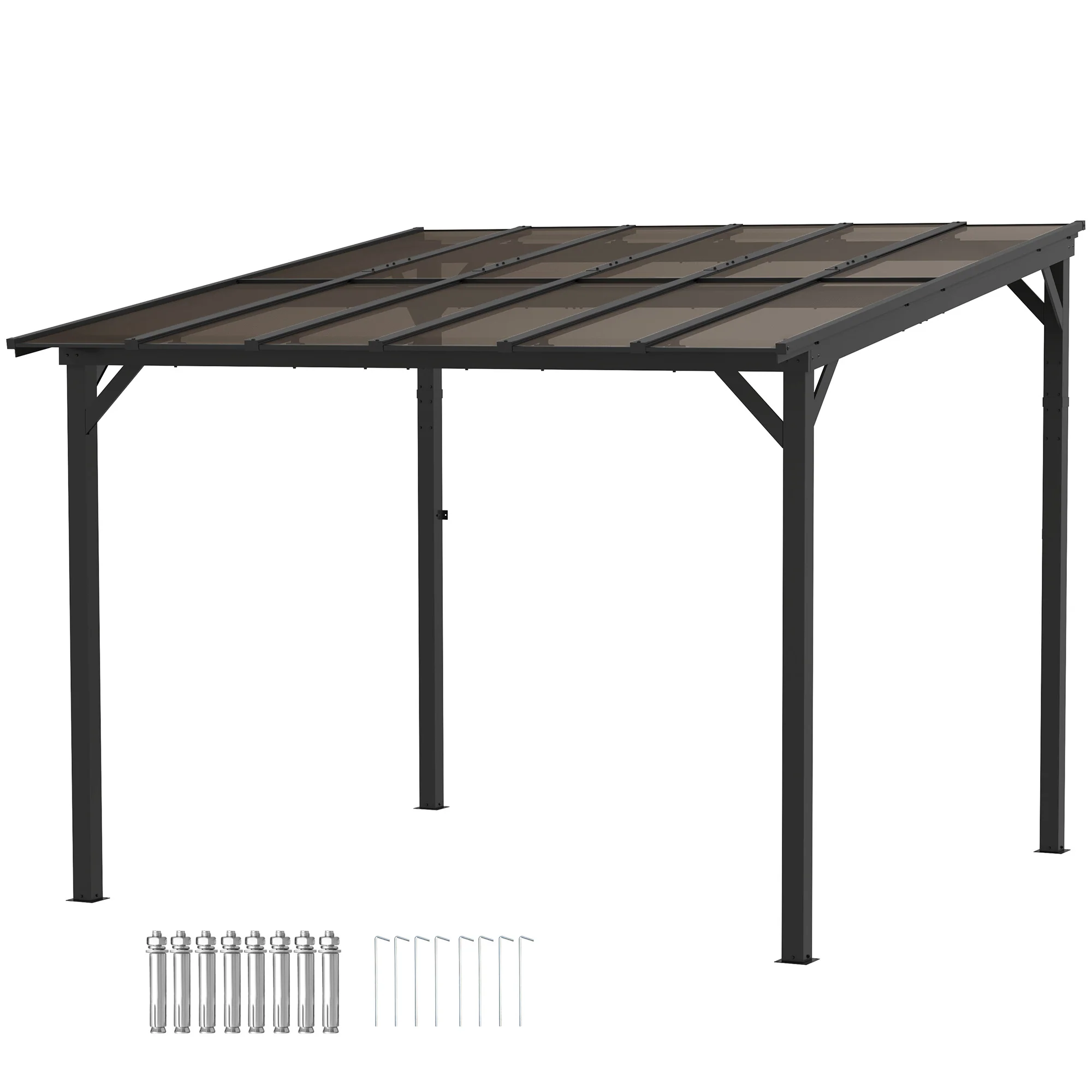 10' x 10' Wall-Mounted / Free Standing Outdoor Pergola with Polycarbonate Roof, Dark Grey