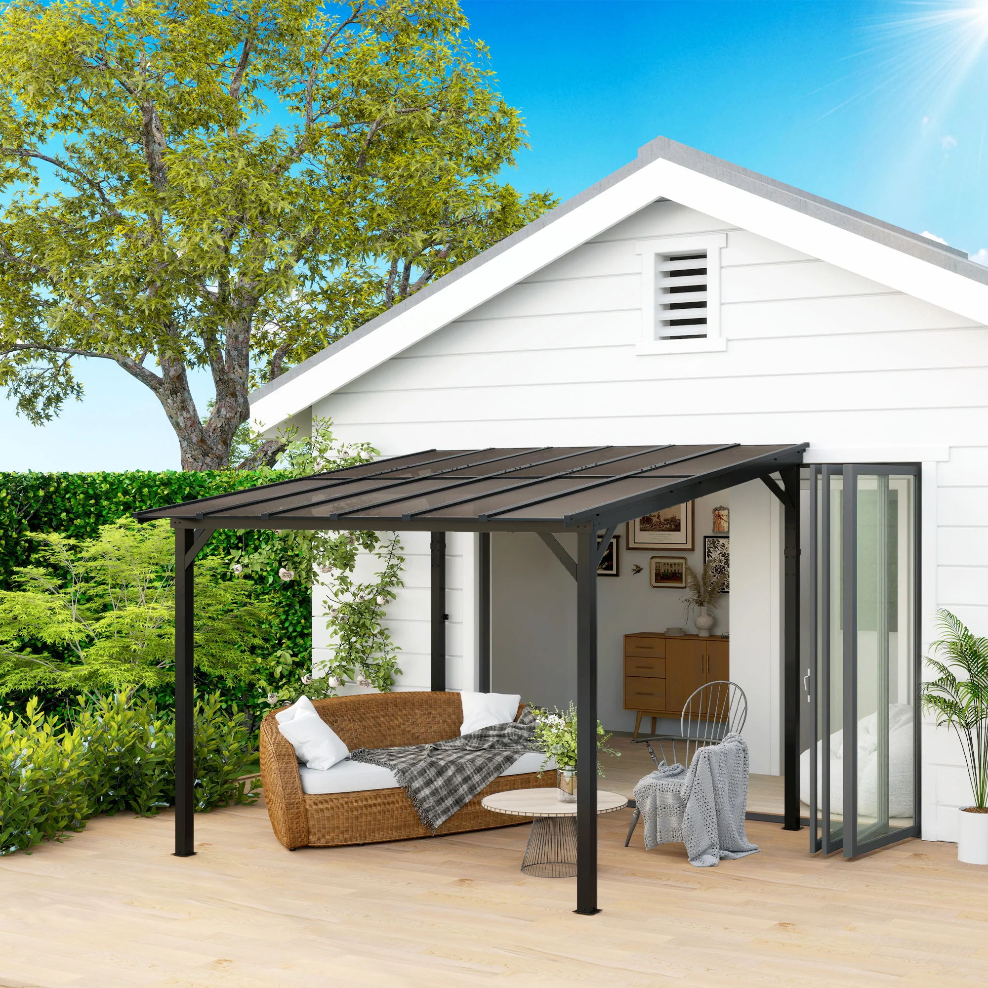 10' x 10' Wall-Mounted / Free Standing Outdoor Pergola with Polycarbonate Roof, Dark Grey - Image 3