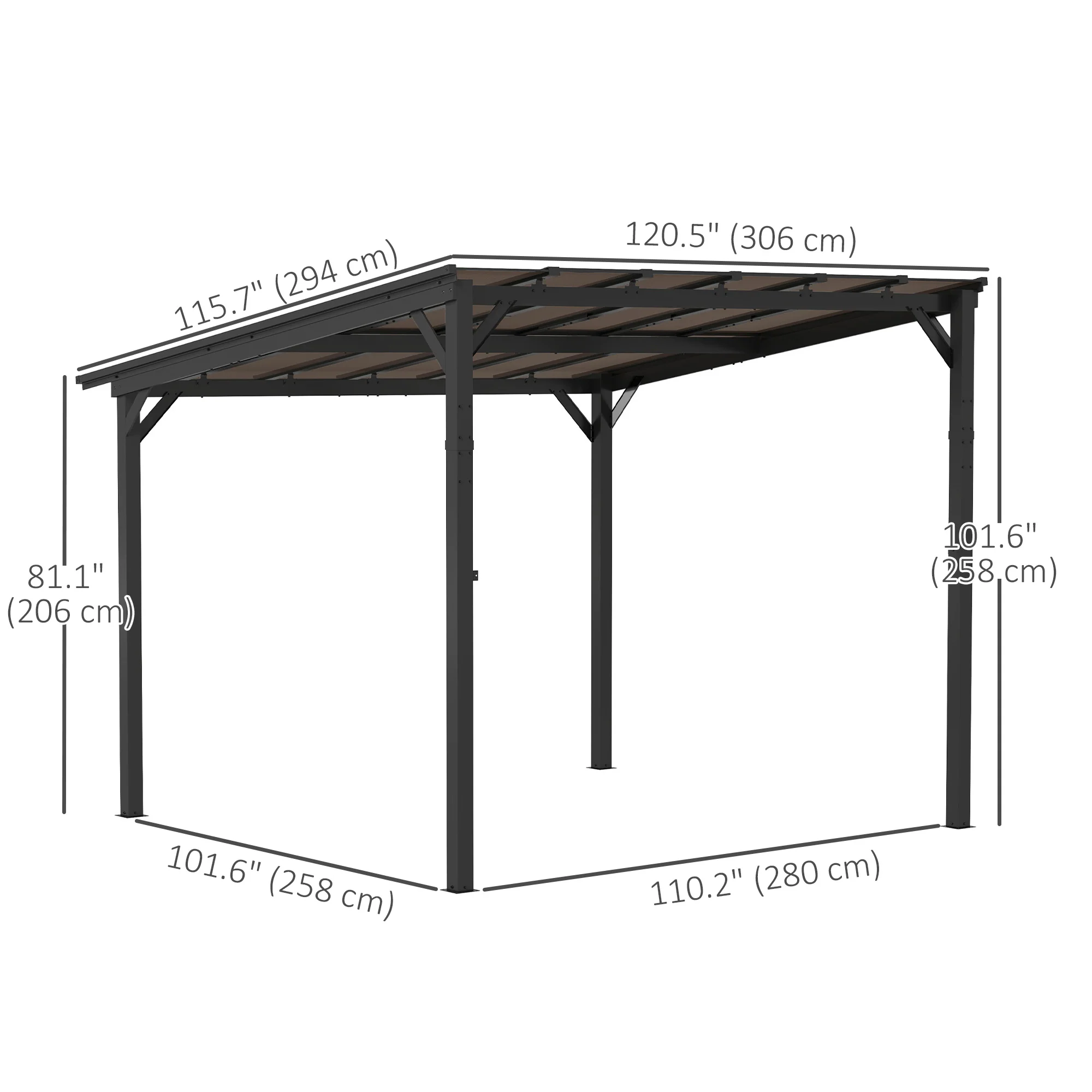 10' x 10' Wall-Mounted / Free Standing Outdoor Pergola with Polycarbonate Roof, Dark Grey - Image 5