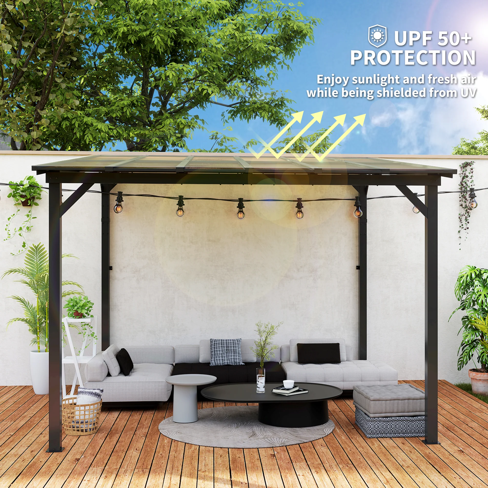 10' x 10' Wall-Mounted / Free Standing Outdoor Pergola with Polycarbonate Roof, Dark Grey - Image 6