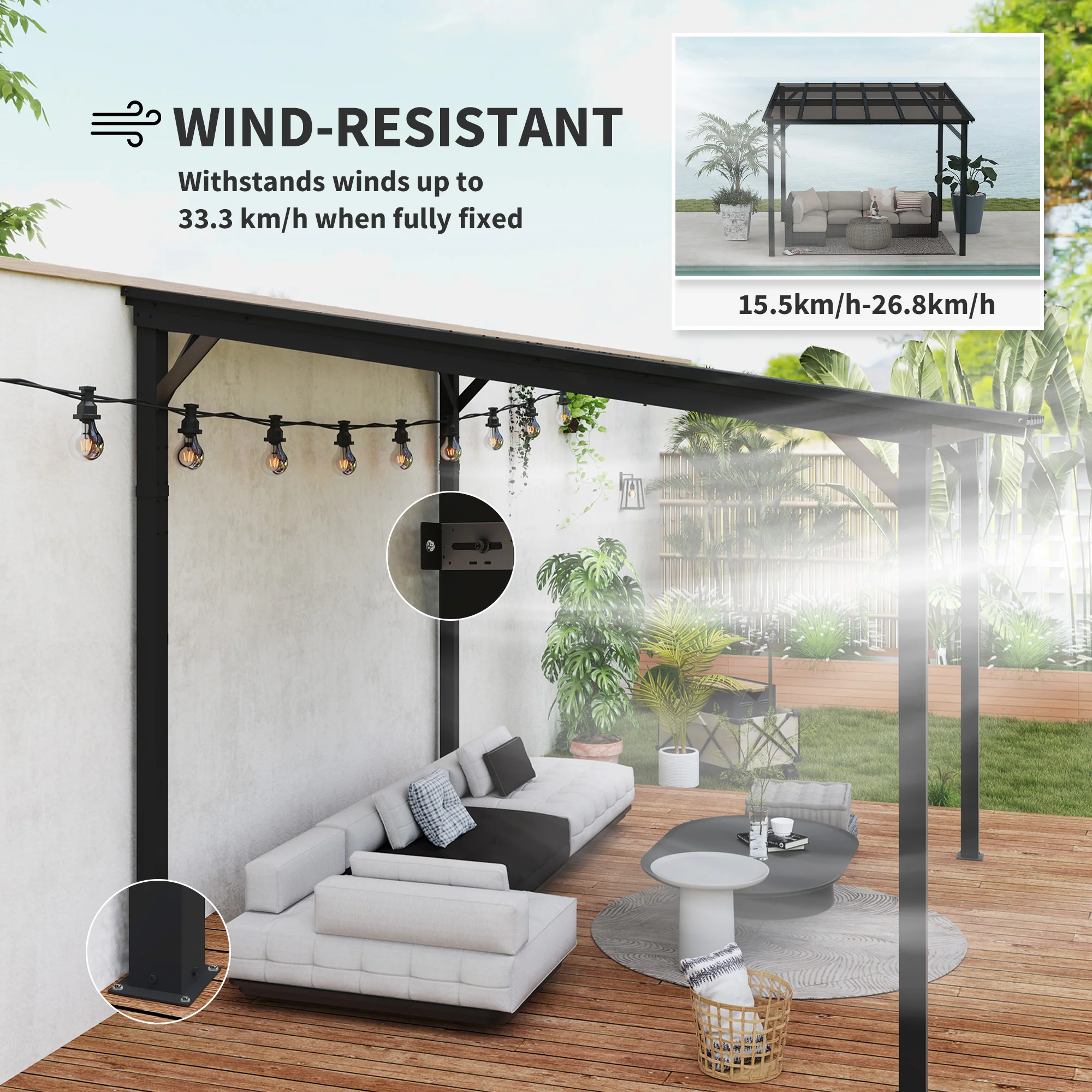 10' x 10' Wall-Mounted / Free Standing Outdoor Pergola with Polycarbonate Roof, Dark Grey - Image 8