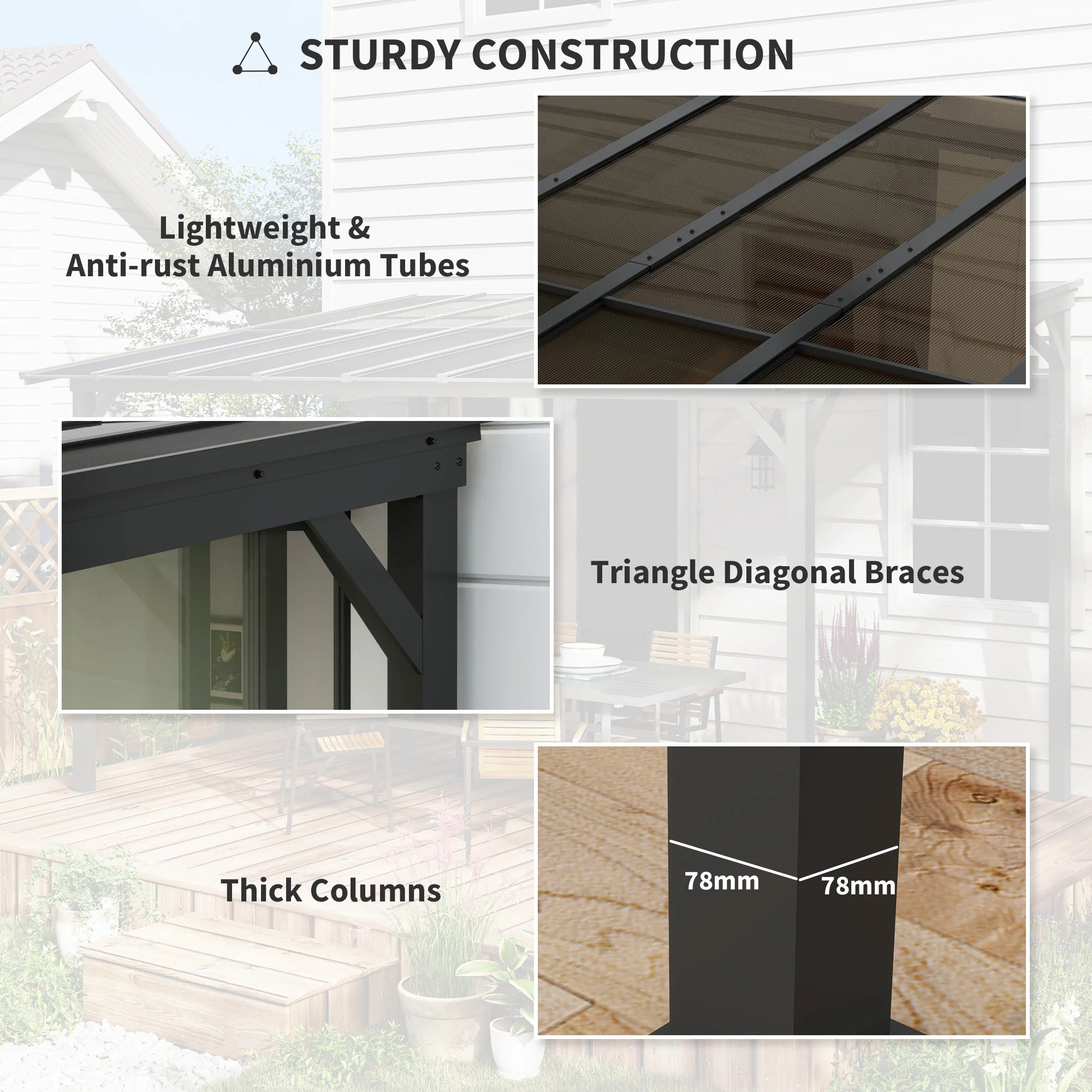 10' x 10' Wall-Mounted / Free Standing Outdoor Pergola with Polycarbonate Roof, Dark Grey - Image 9