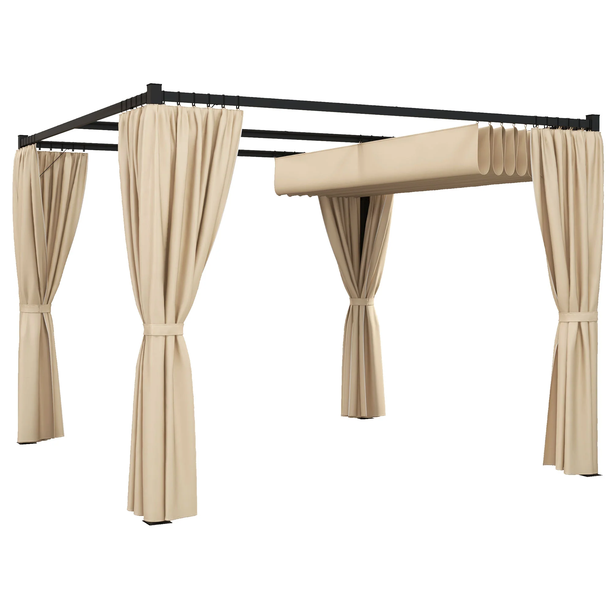 10' x 10' Pergola with Retractable Canopy & Curtains, Beige - Image 12