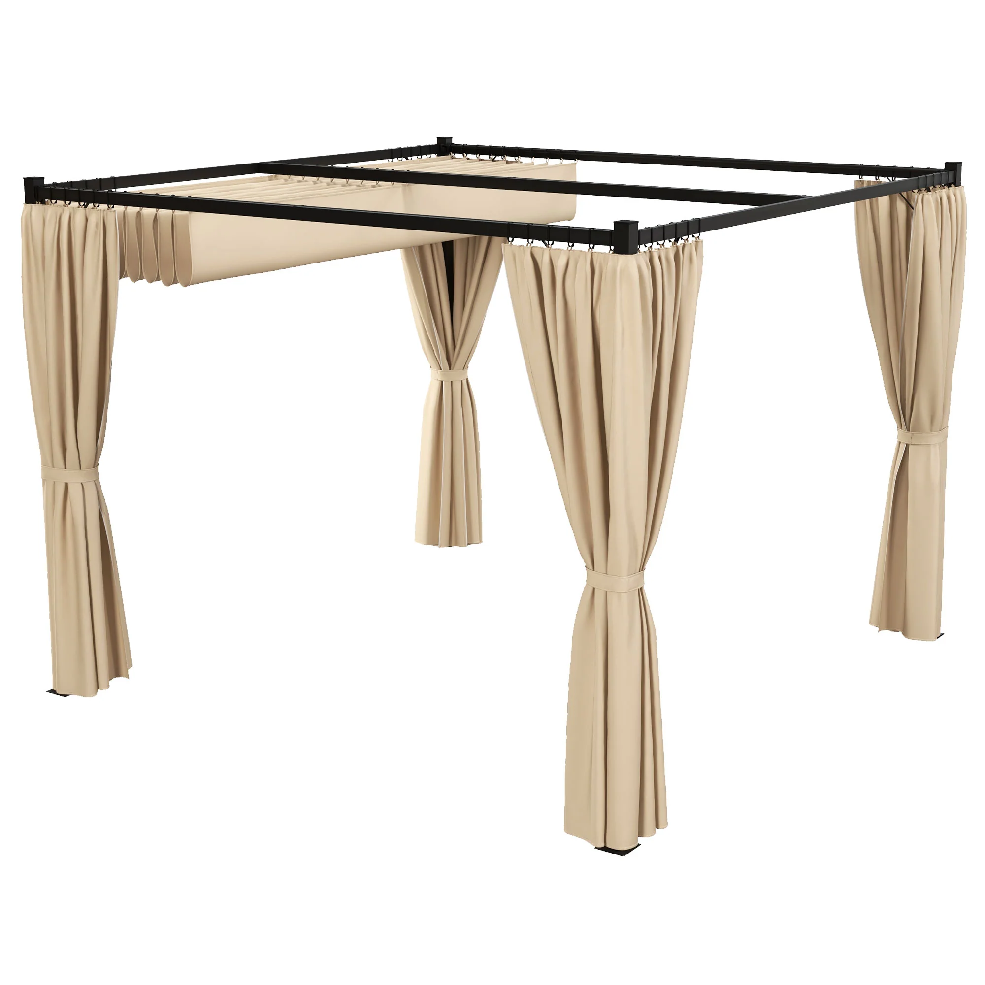 10' x 10' Pergola with Retractable Canopy & Curtains, Beige - Image 2