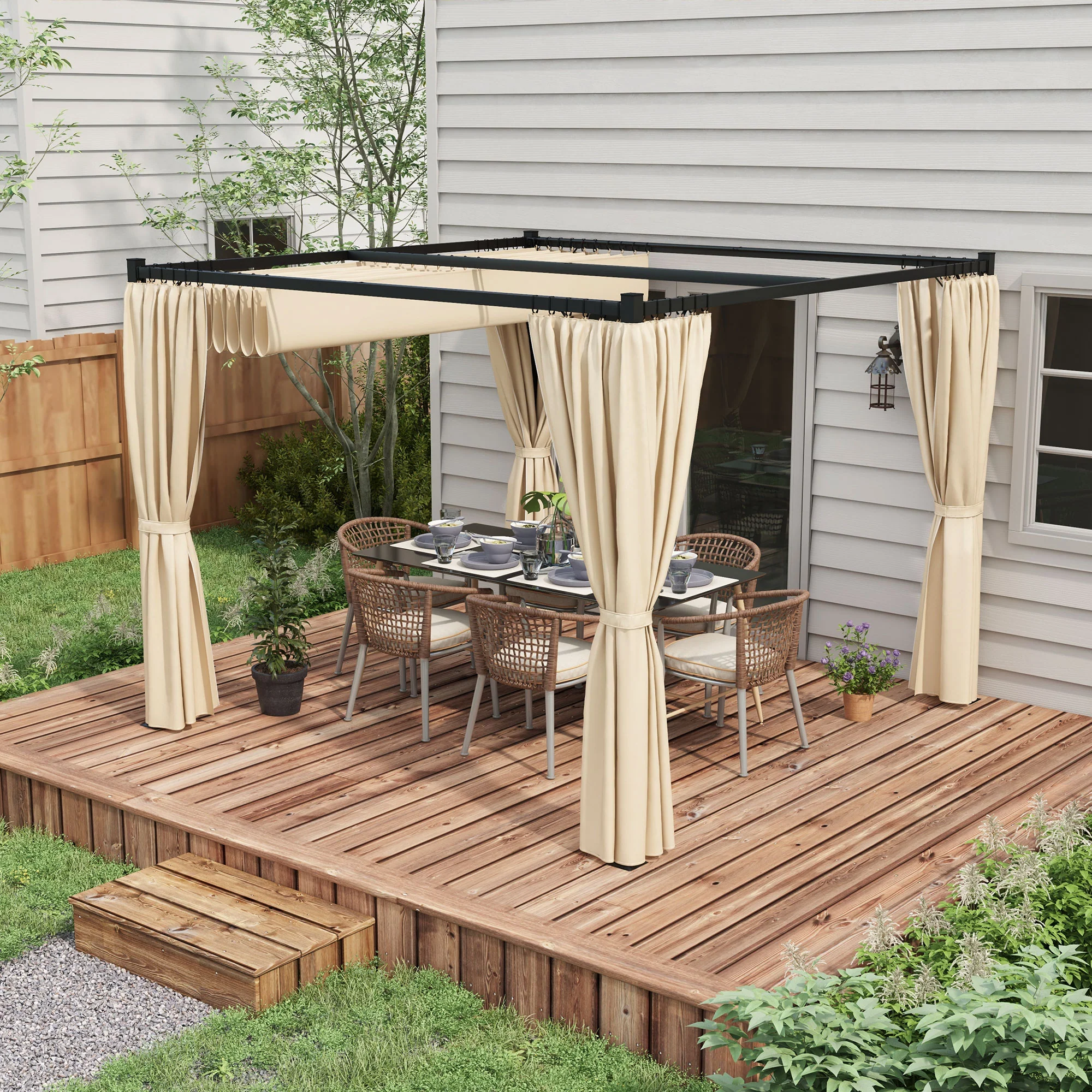 10' x 10' Pergola with Retractable Canopy & Curtains, Beige - Image 4