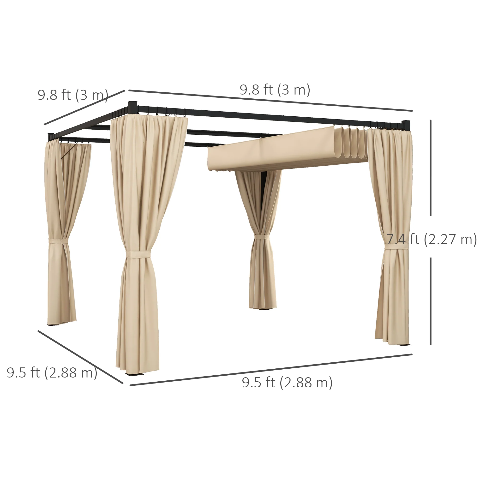 10' x 10' Pergola with Retractable Canopy & Curtains, Beige - Image 5