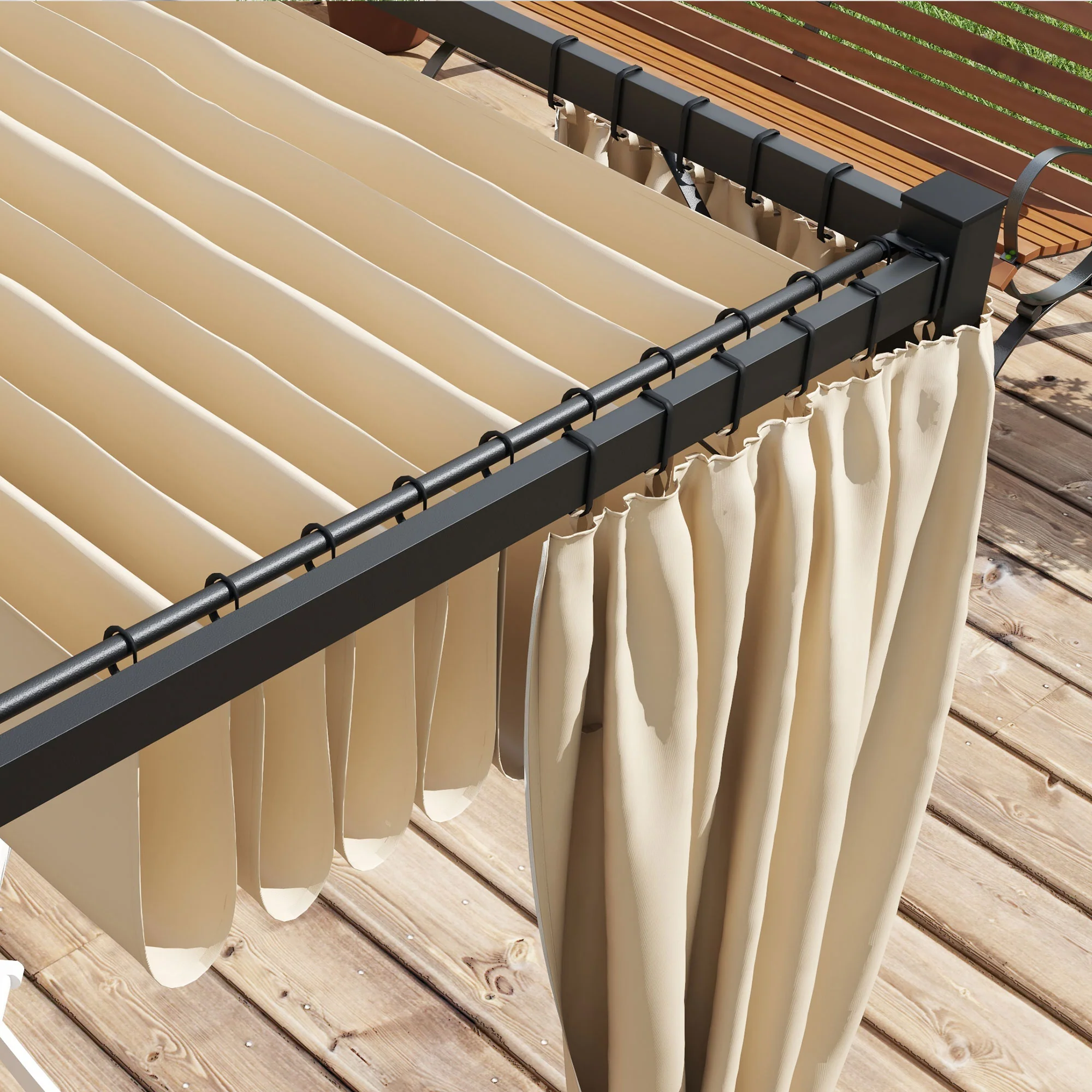 10' x 10' Pergola with Retractable Canopy & Curtains, Beige - Image 9