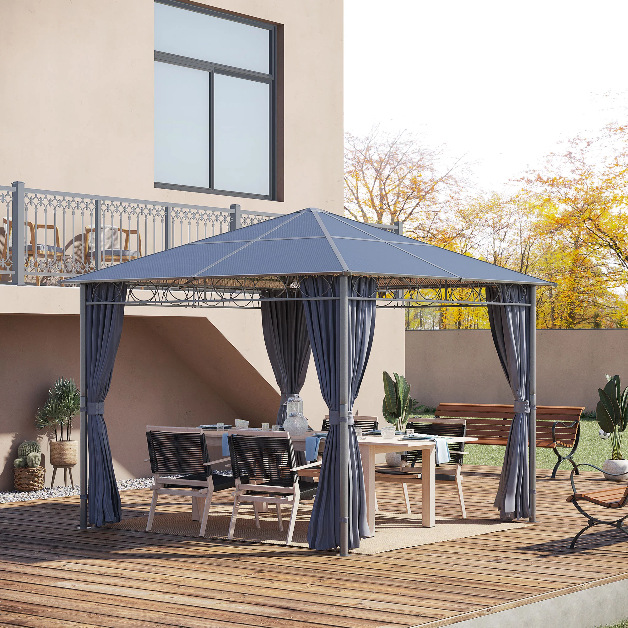 10' x 10' Polycarbonate Hardtop Gazebo Canopy with Aluminum Frame & Curtains, Dark Grey - Image 3