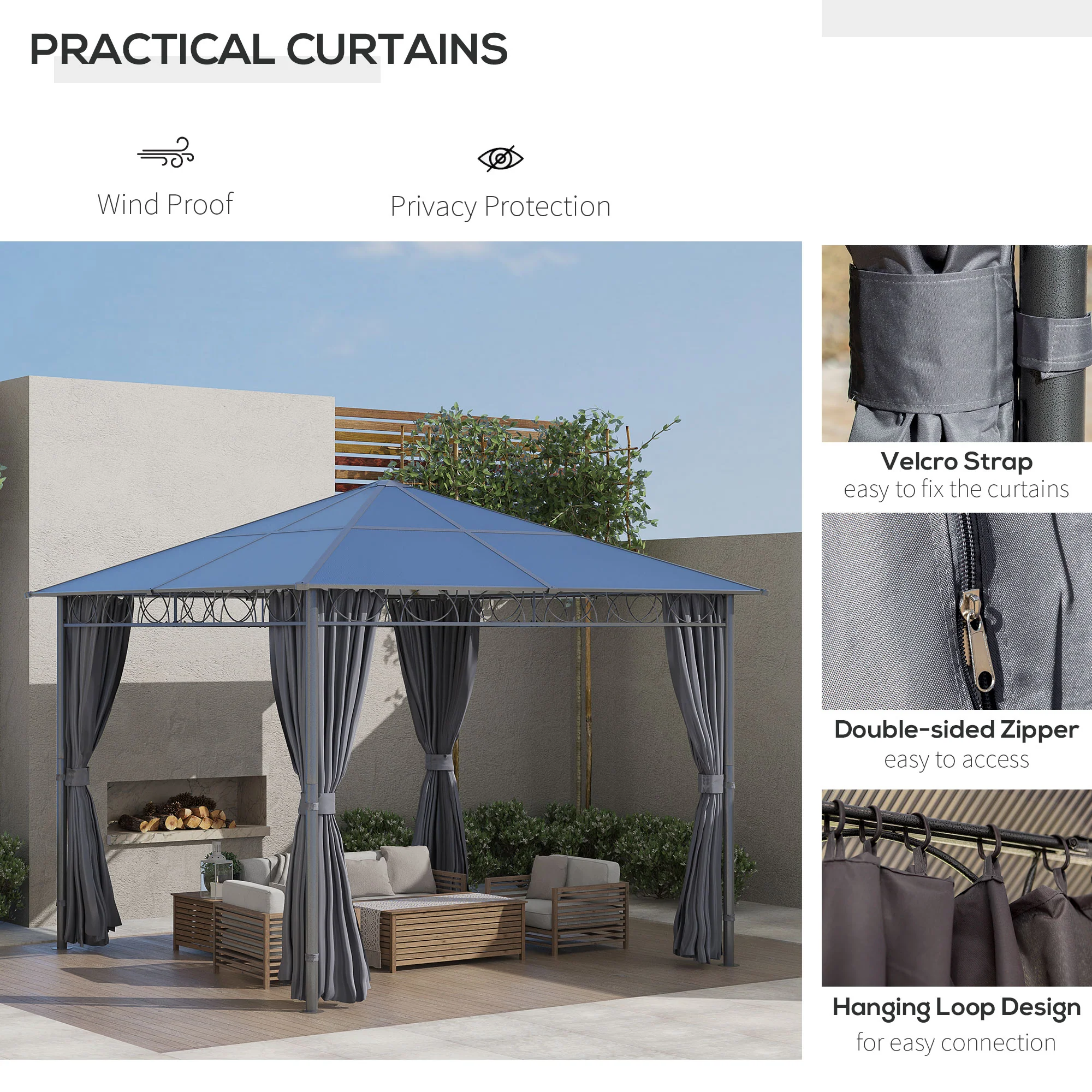 10' x 10' Polycarbonate Hardtop Gazebo Canopy with Aluminum Frame & Curtains, Dark Grey - Image 7