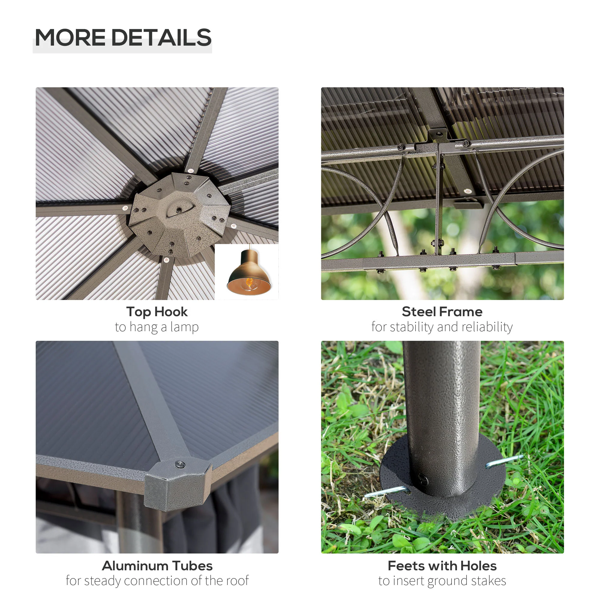 10' x 10' Polycarbonate Hardtop Gazebo Canopy with Aluminum Frame & Curtains, Dark Grey - Image 8