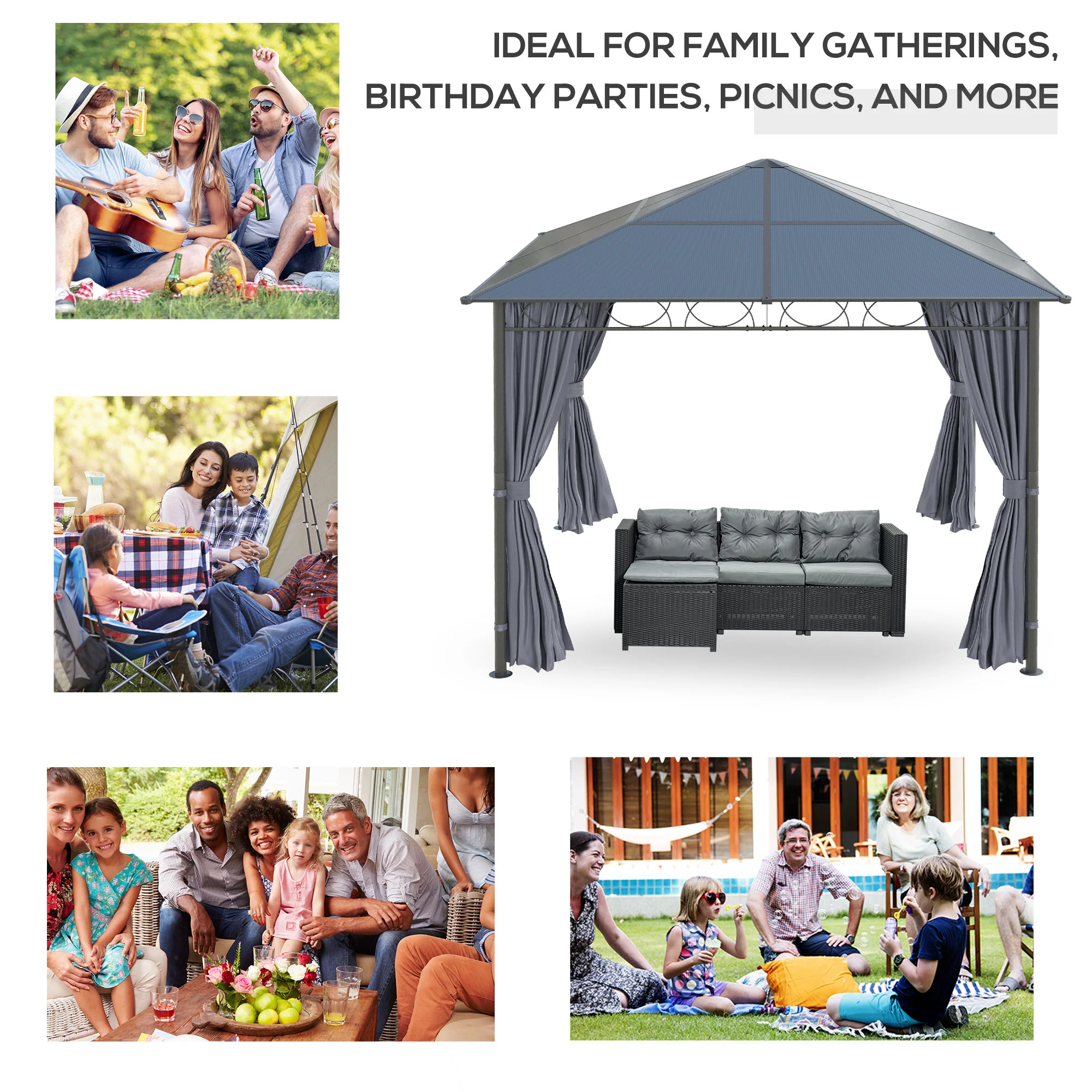 10' x 10' Polycarbonate Hardtop Gazebo Canopy with Aluminum Frame & Curtains, Dark Grey - Image 9