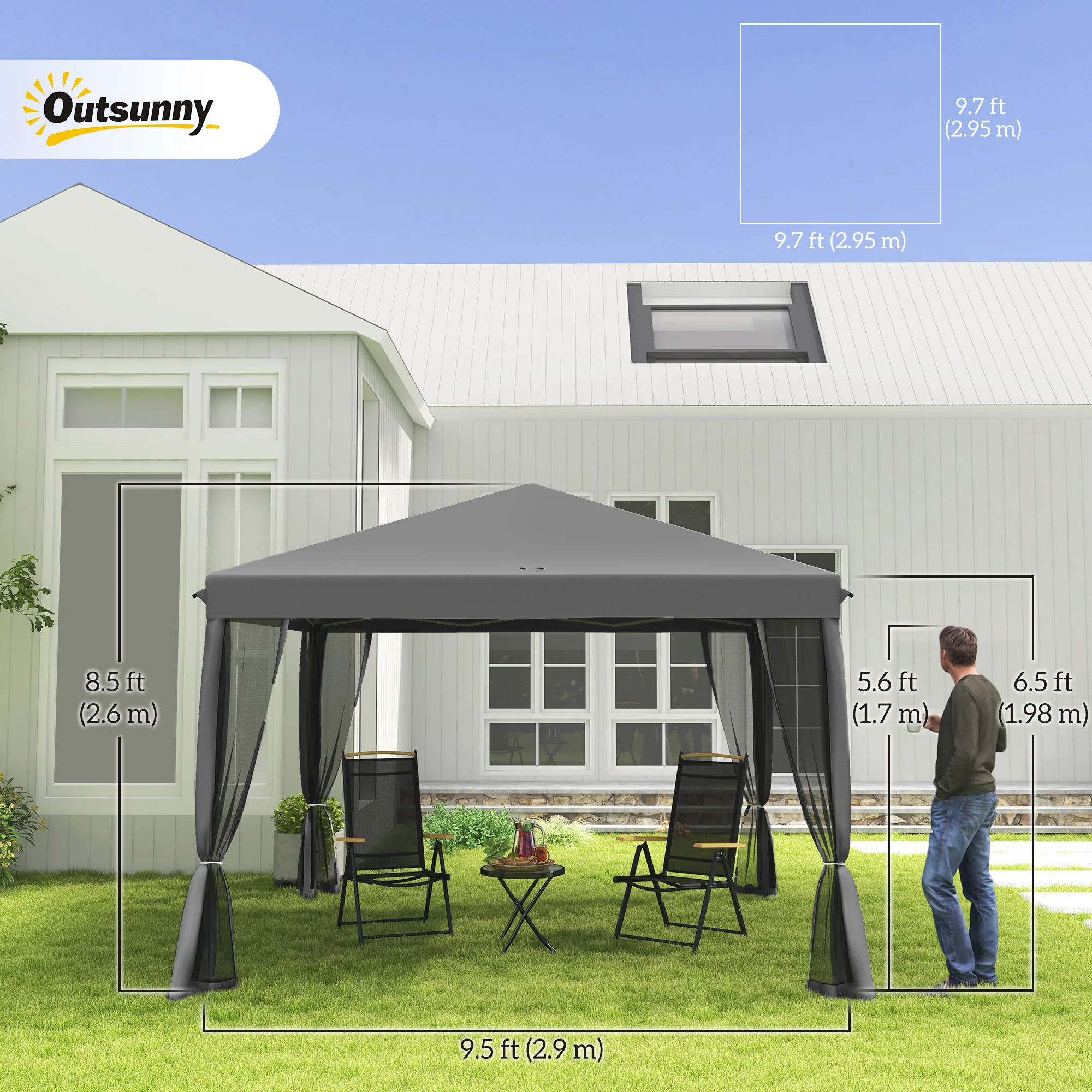 10' x 10' Pop Up Canopy Tent with Mesh Sidewalls and Carry Bag, Light Grey - Image 5