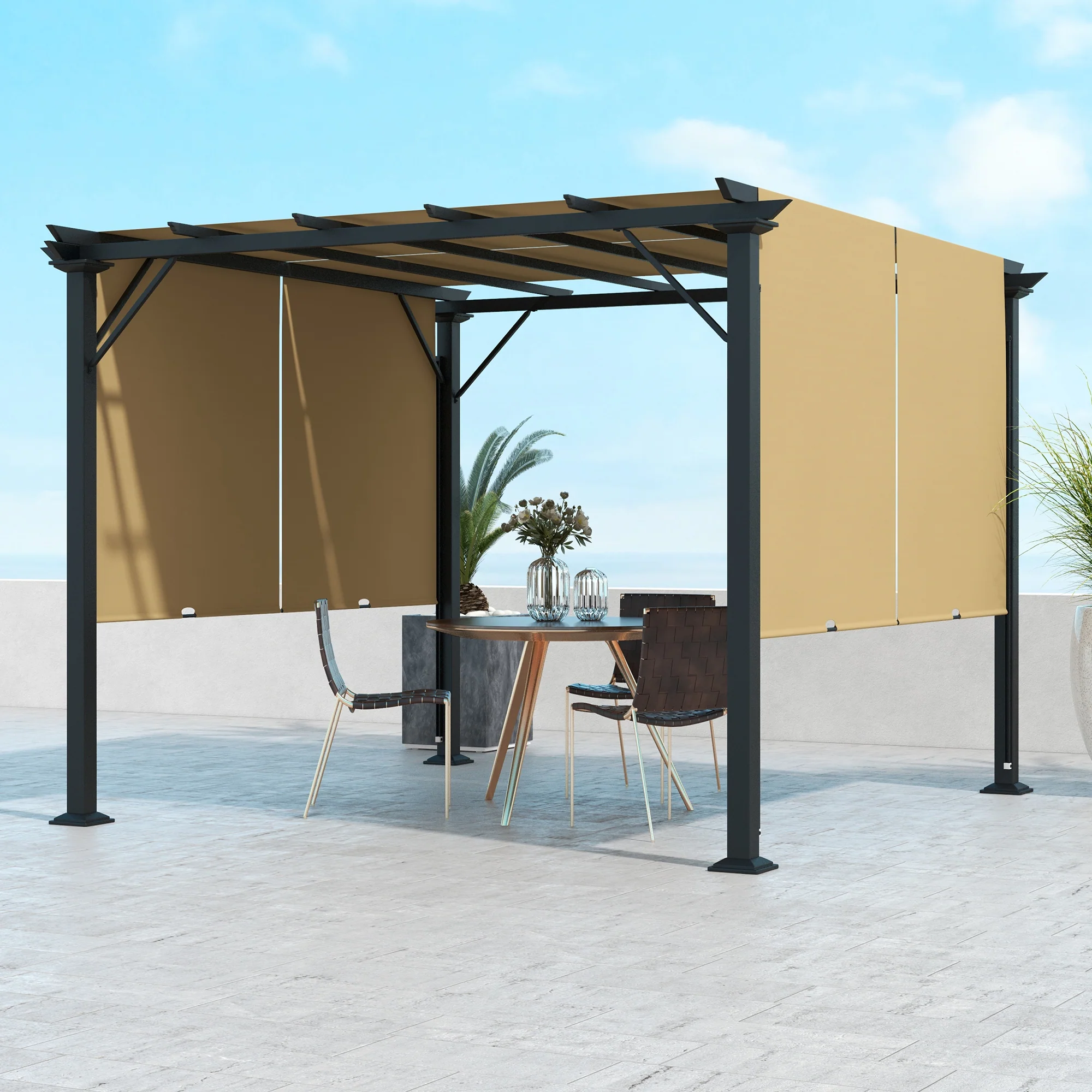 10' x 10' Outdoor Gazebo with Sun Shade Canopy and Steel Frame, Brown - Image 3