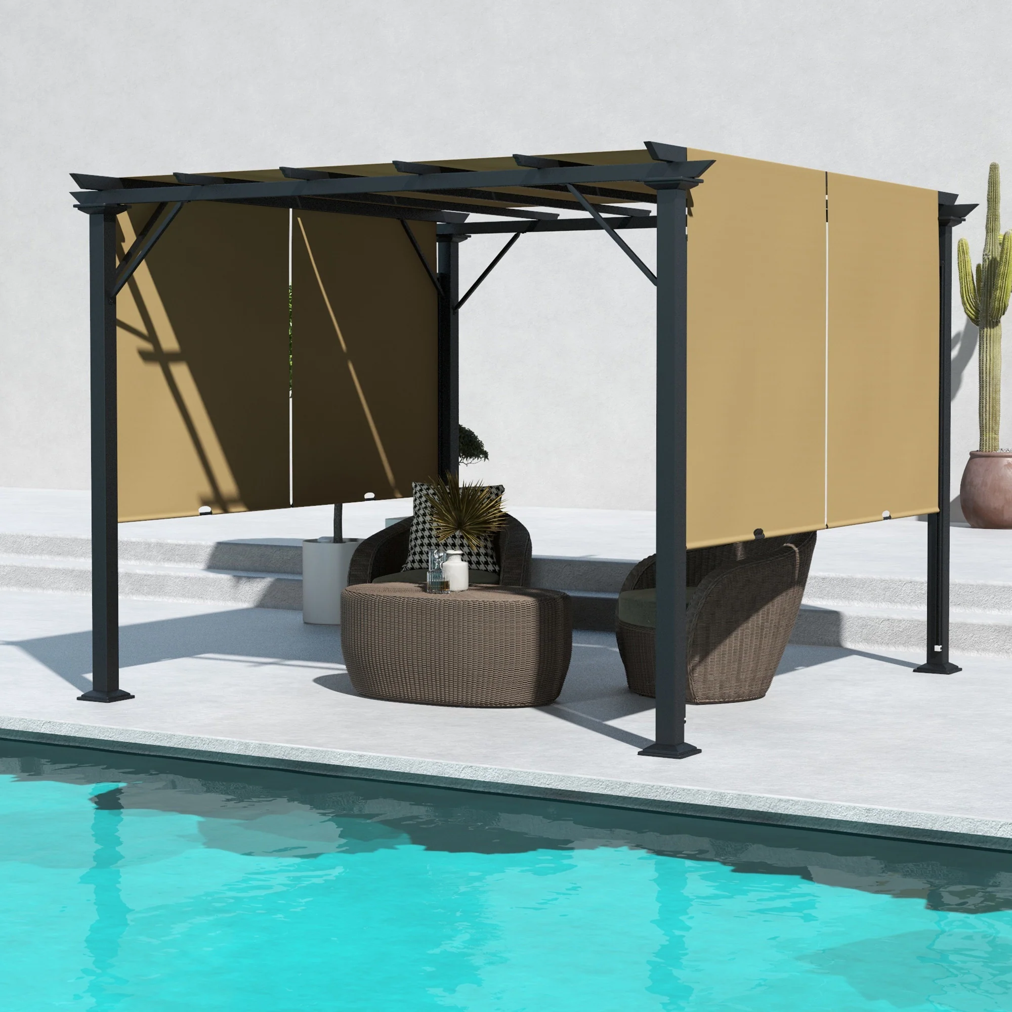 10' x 10' Outdoor Gazebo with Sun Shade Canopy and Steel Frame, Brown - Image 4