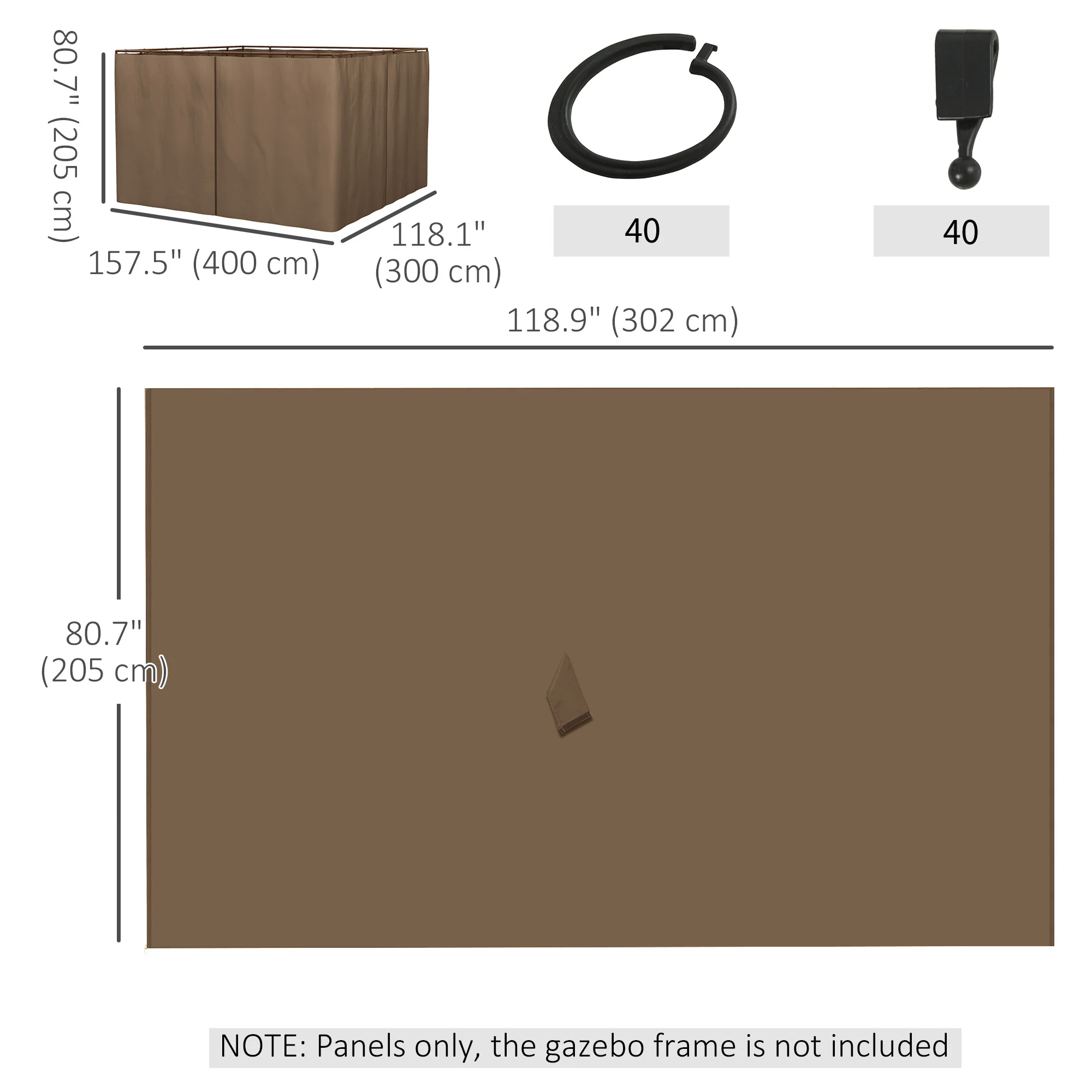 10' x 10' Universal Gazebo Sidewall Set (4 Panels) with Hooks, Brown - Image 5