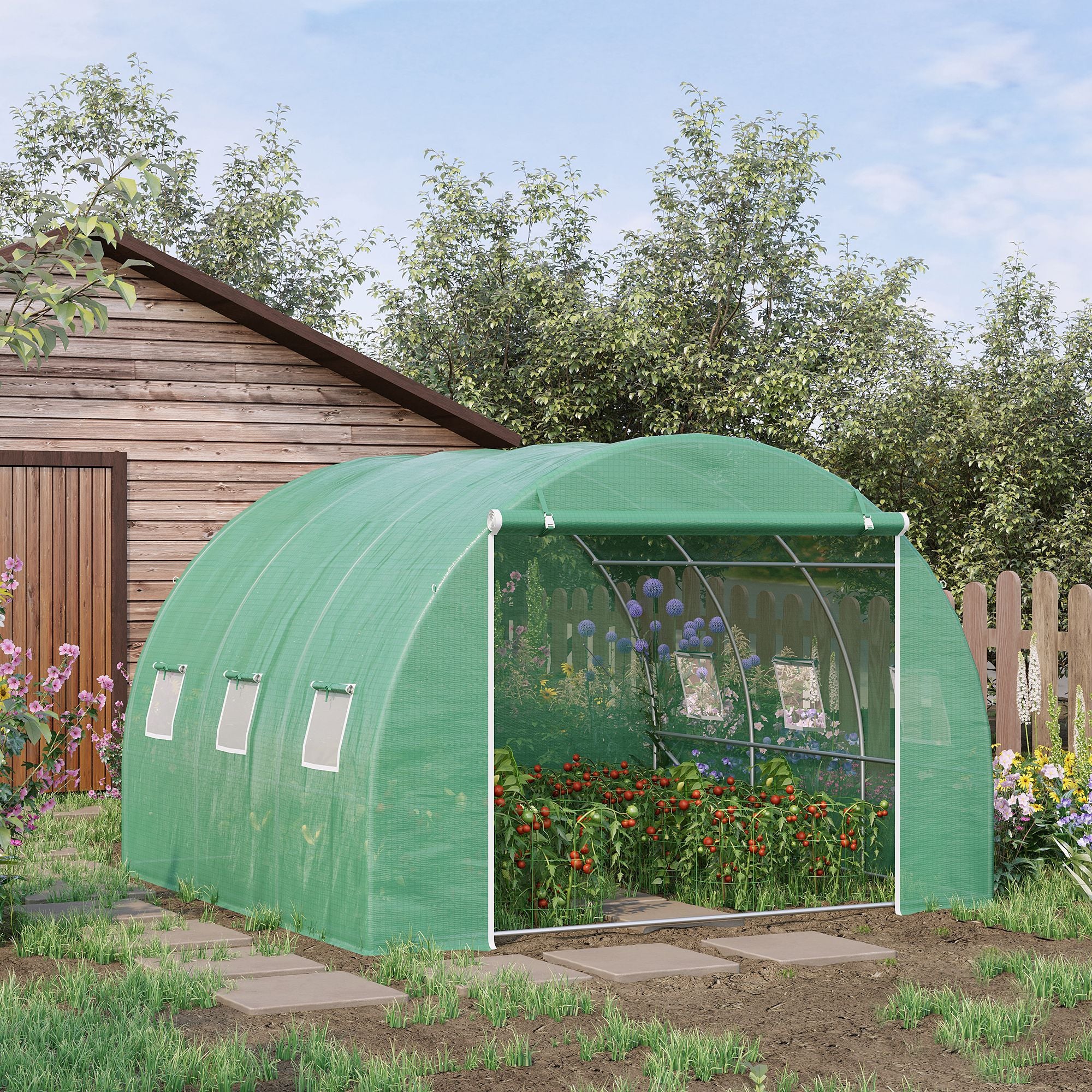 10' x 10' x 6.5' Walk-in Tunnel Greenhouse with Roll-Up Zipper Door & 6 Windows, Green - Image 4