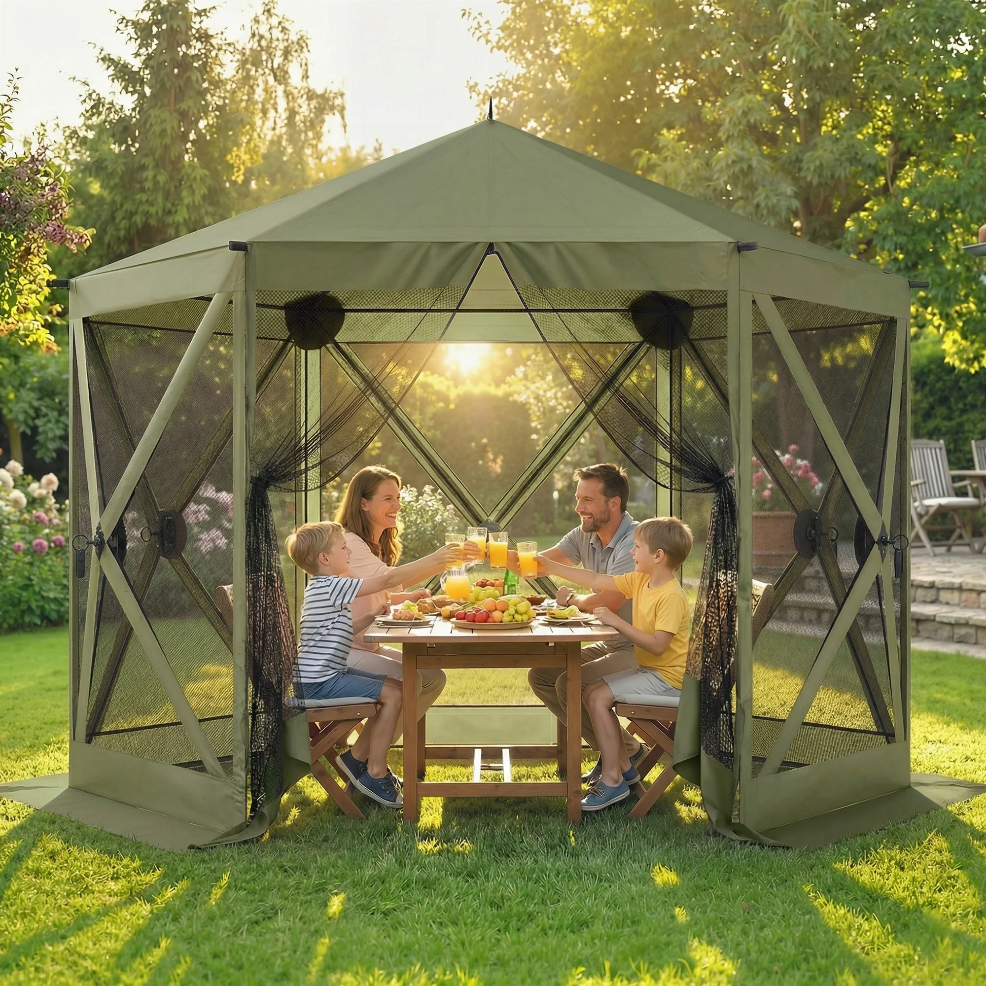 10' x 11' Pop Up Gazebo Screen Tent with Mesh Netting, Dark Green - Image 3
