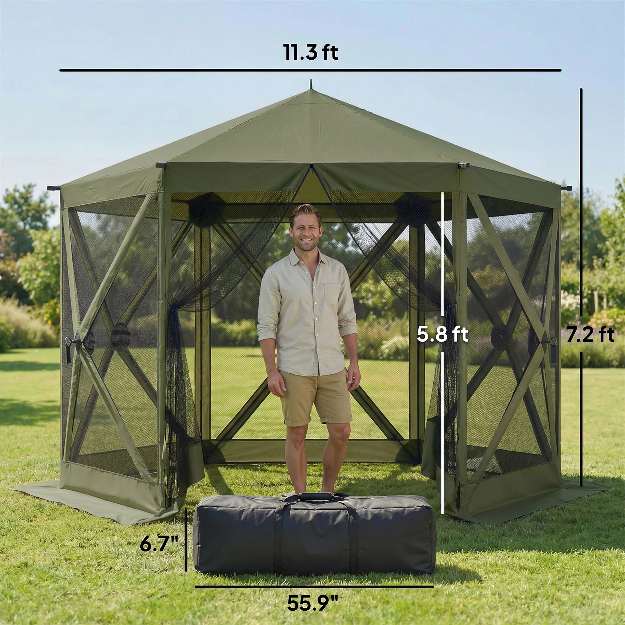 10' x 11' Pop Up Gazebo Screen Tent with Mesh Netting, Dark Green - Image 5