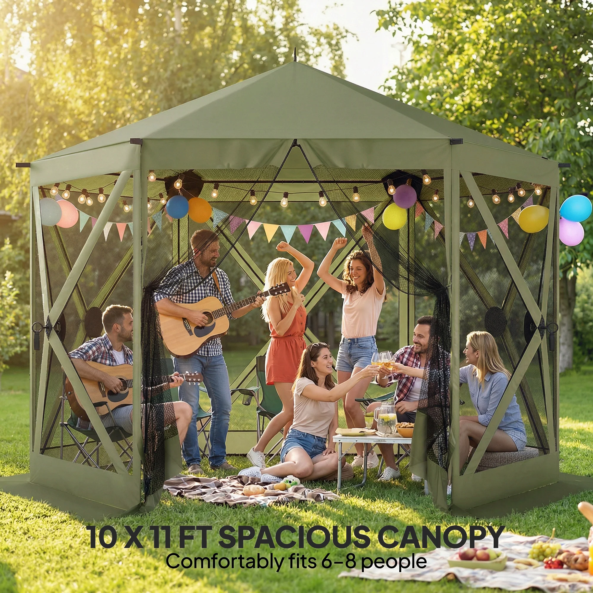 10' x 11' Pop Up Gazebo Screen Tent with Mesh Netting, Dark Green - Image 7