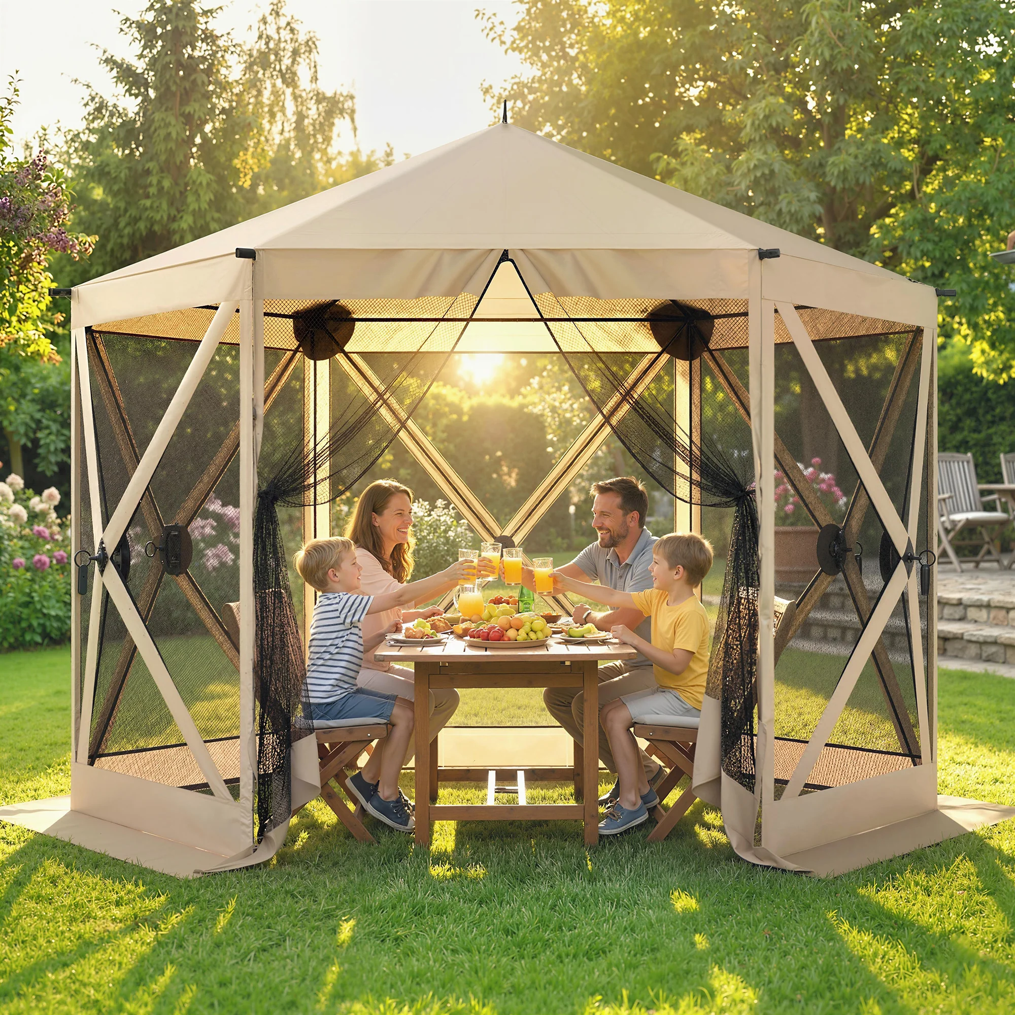 10' x 11' Pop Up Gazebo Screen Tent with Mesh Netting, Beige - Image 3
