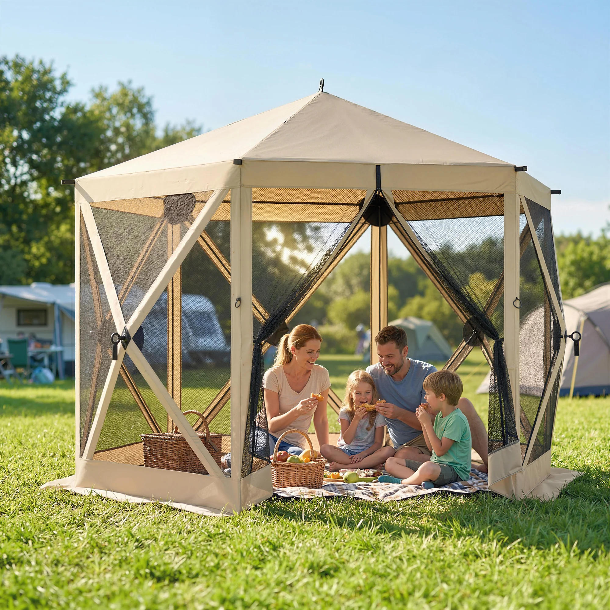 10' x 11' Pop Up Gazebo Screen Tent with Mesh Netting, Beige - Image 4