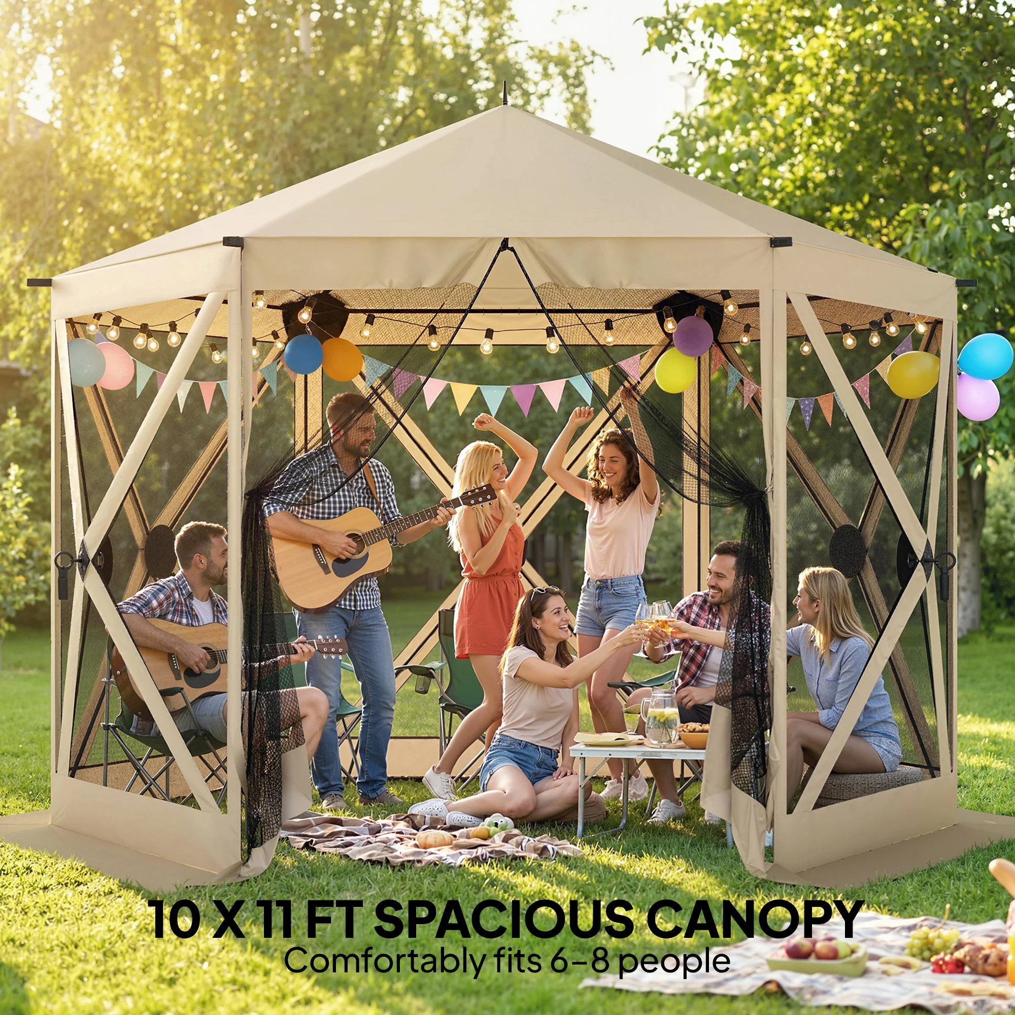 10' x 11' Pop Up Gazebo Screen Tent with Mesh Netting, Beige - Image 7