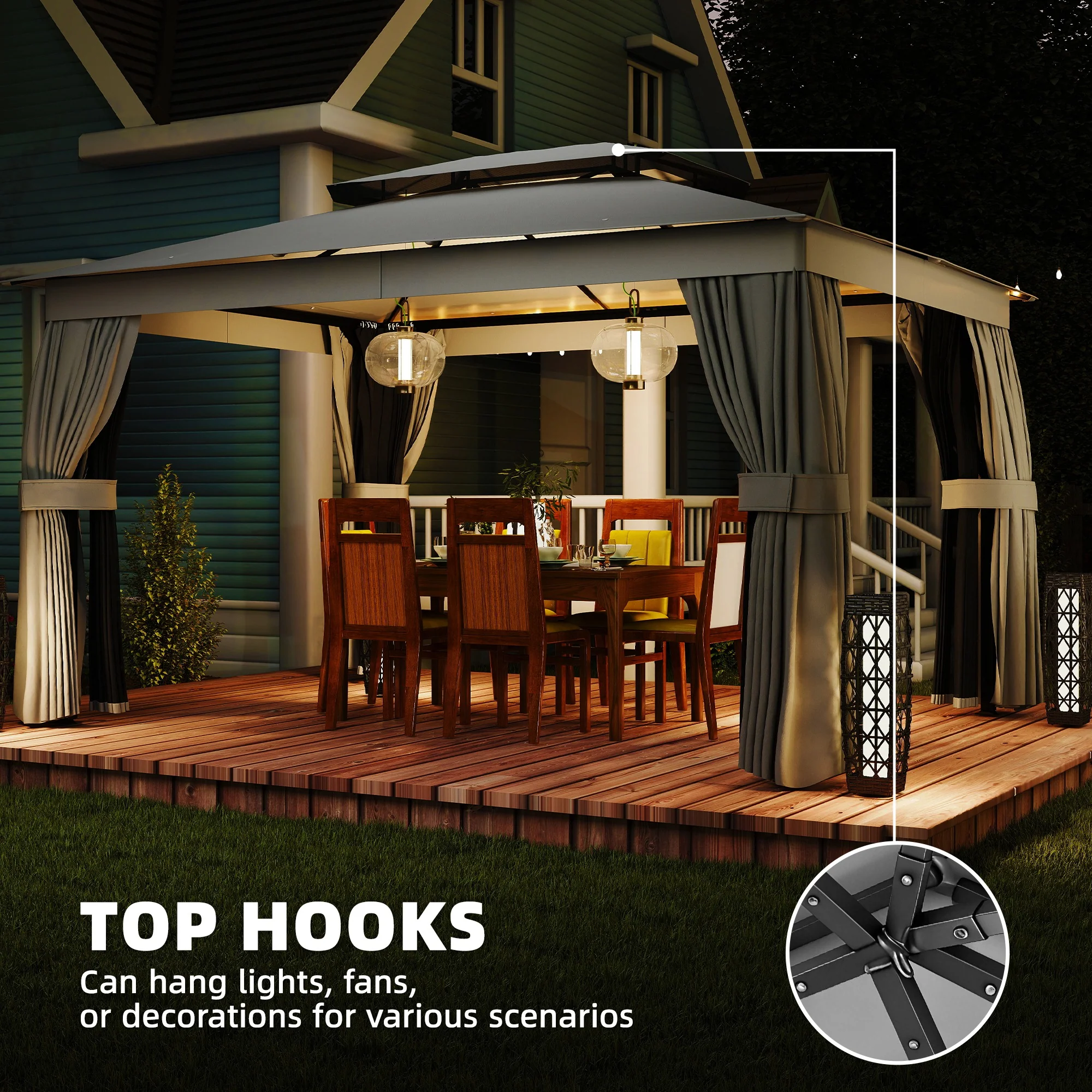 10' x 12.5' Outdoor Gazebo with Double Roof, Curtains and Netting, Dark Grey - Image 9
