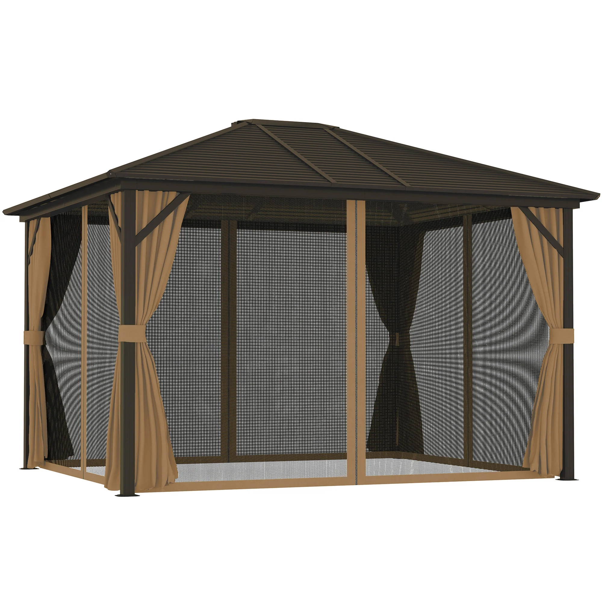 10' x 12' Deluxe Hardtop Gazebo with Metal Roof & Curtains, Coffee
