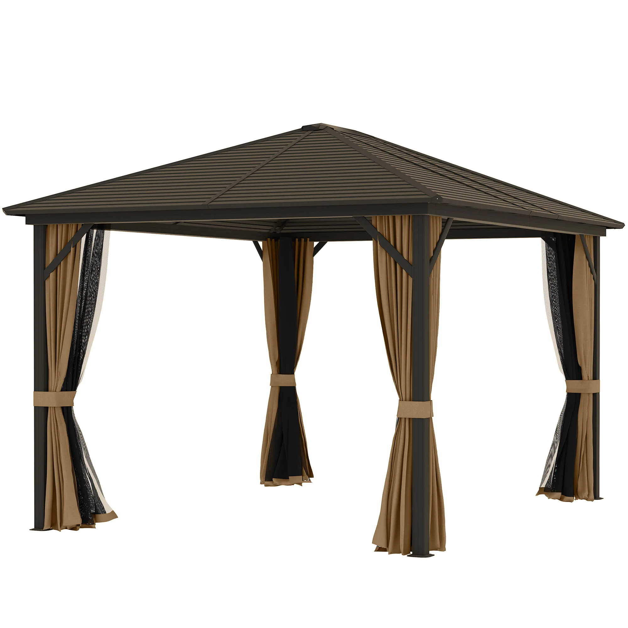 10' x 12' Deluxe Hardtop Gazebo with Metal Roof & Curtains, Coffee - Image 2