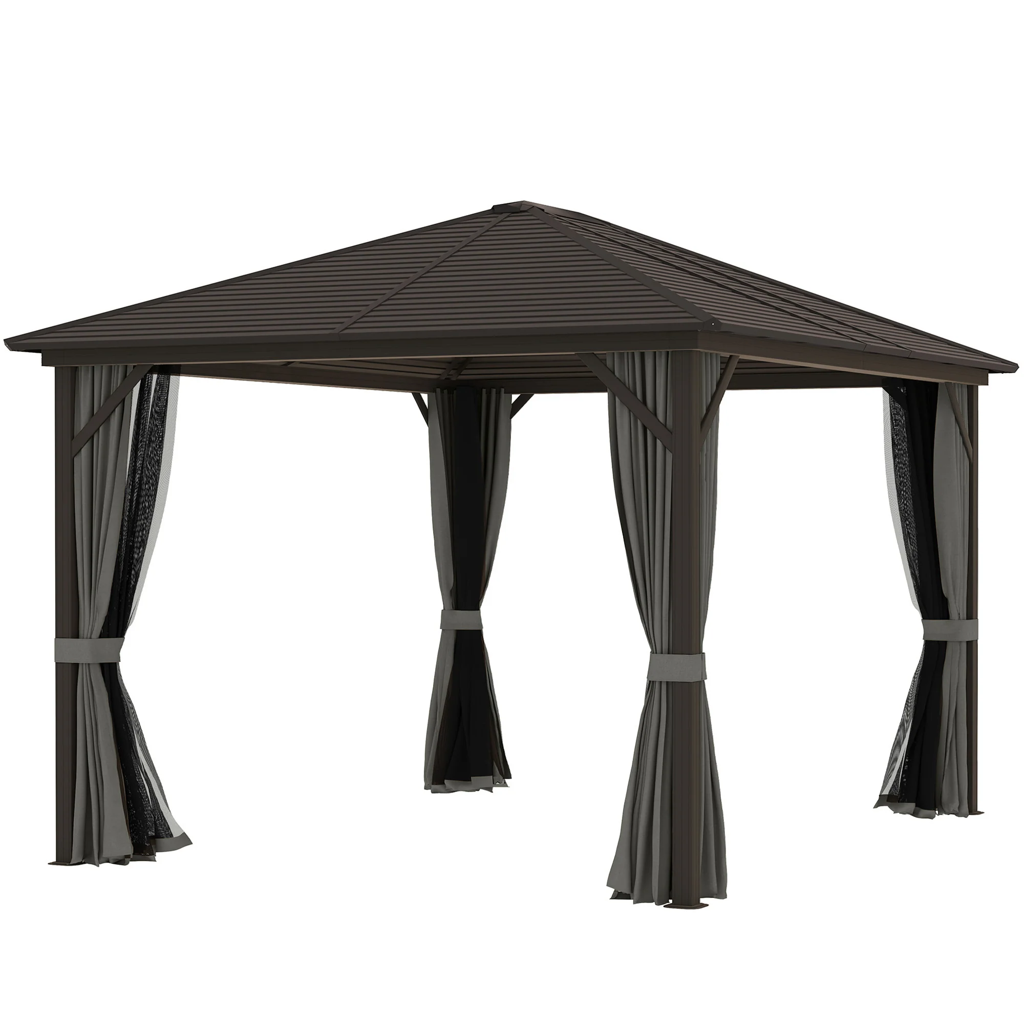 10' x 12' Deluxe Hardtop Gazebo with Metal Roof & Curtains, Grey - Image 2