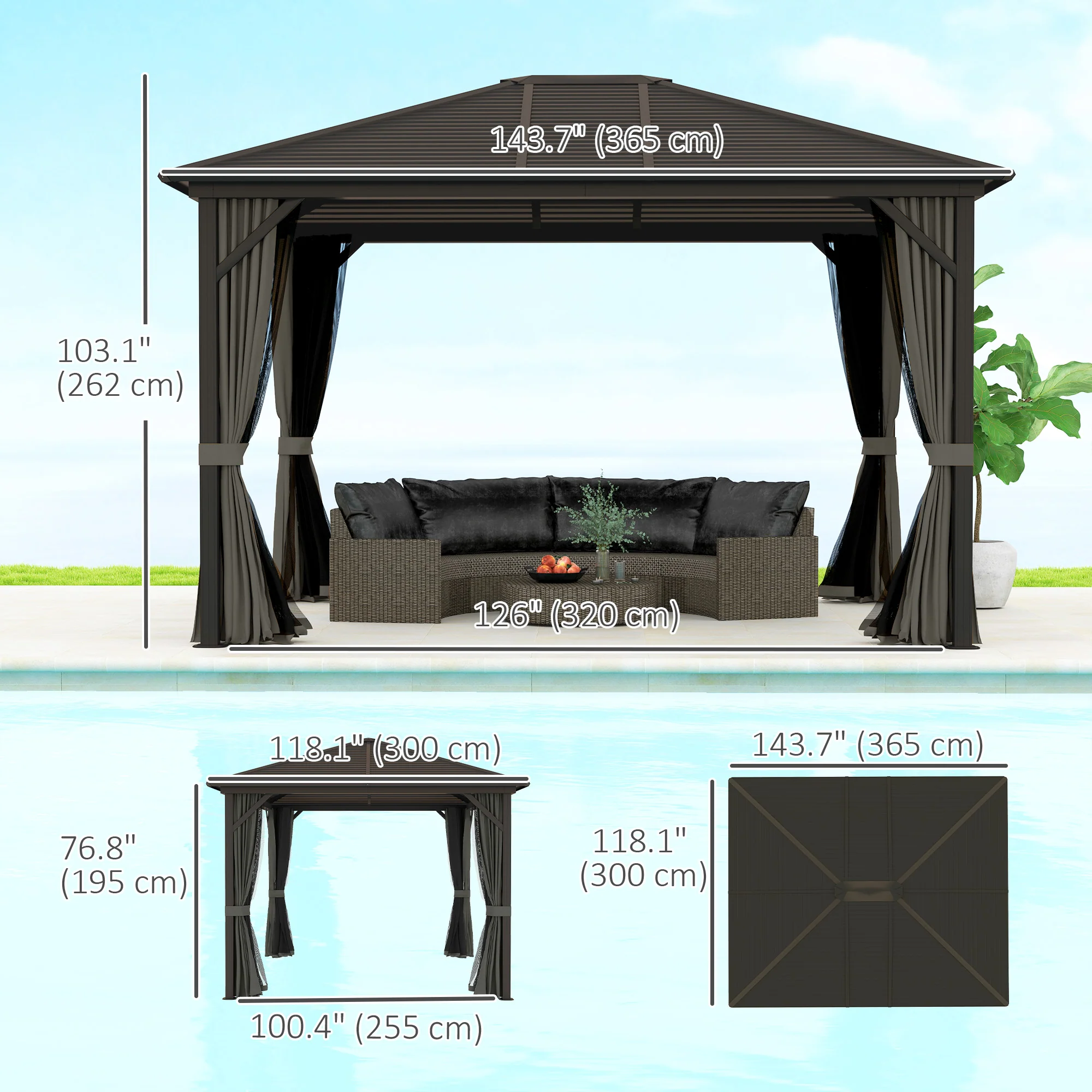 10' x 12' Deluxe Hardtop Gazebo with Metal Roof & Curtains, Grey - Image 5