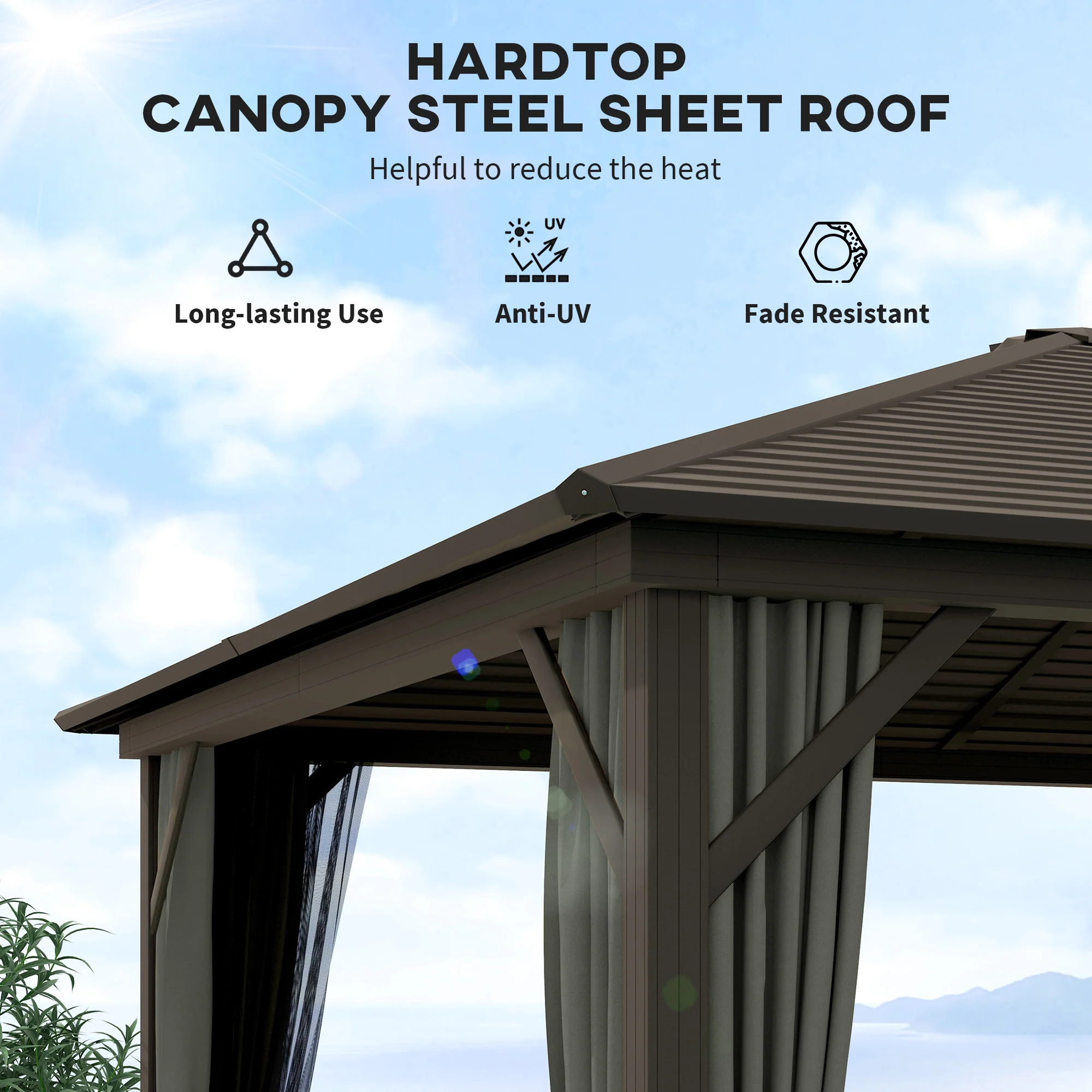 10' x 12' Deluxe Hardtop Gazebo with Metal Roof & Curtains, Grey - Image 6