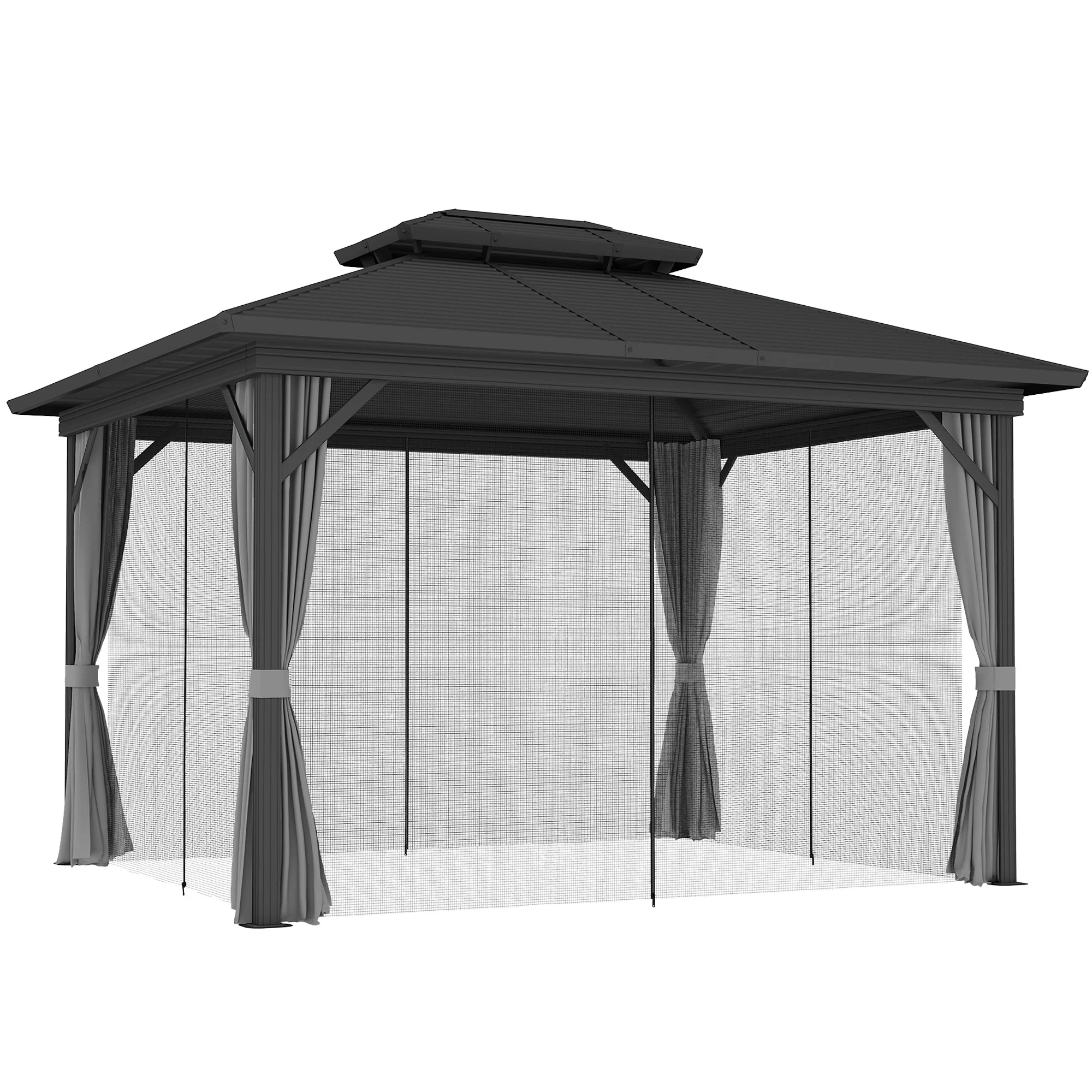 10' x 12' Hardtop Gazebo with Double Roof & Mosquito Netting, Light Grey - Image 12