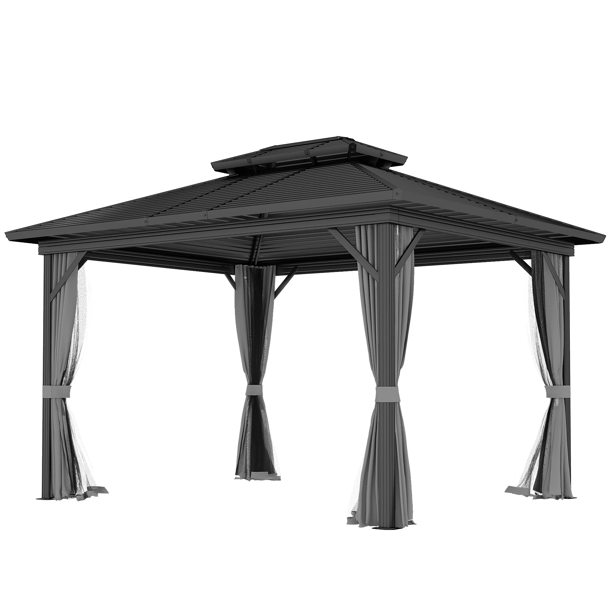 10' x 12' Hardtop Gazebo with Double Roof & Mosquito Netting, Light Grey - Image 2