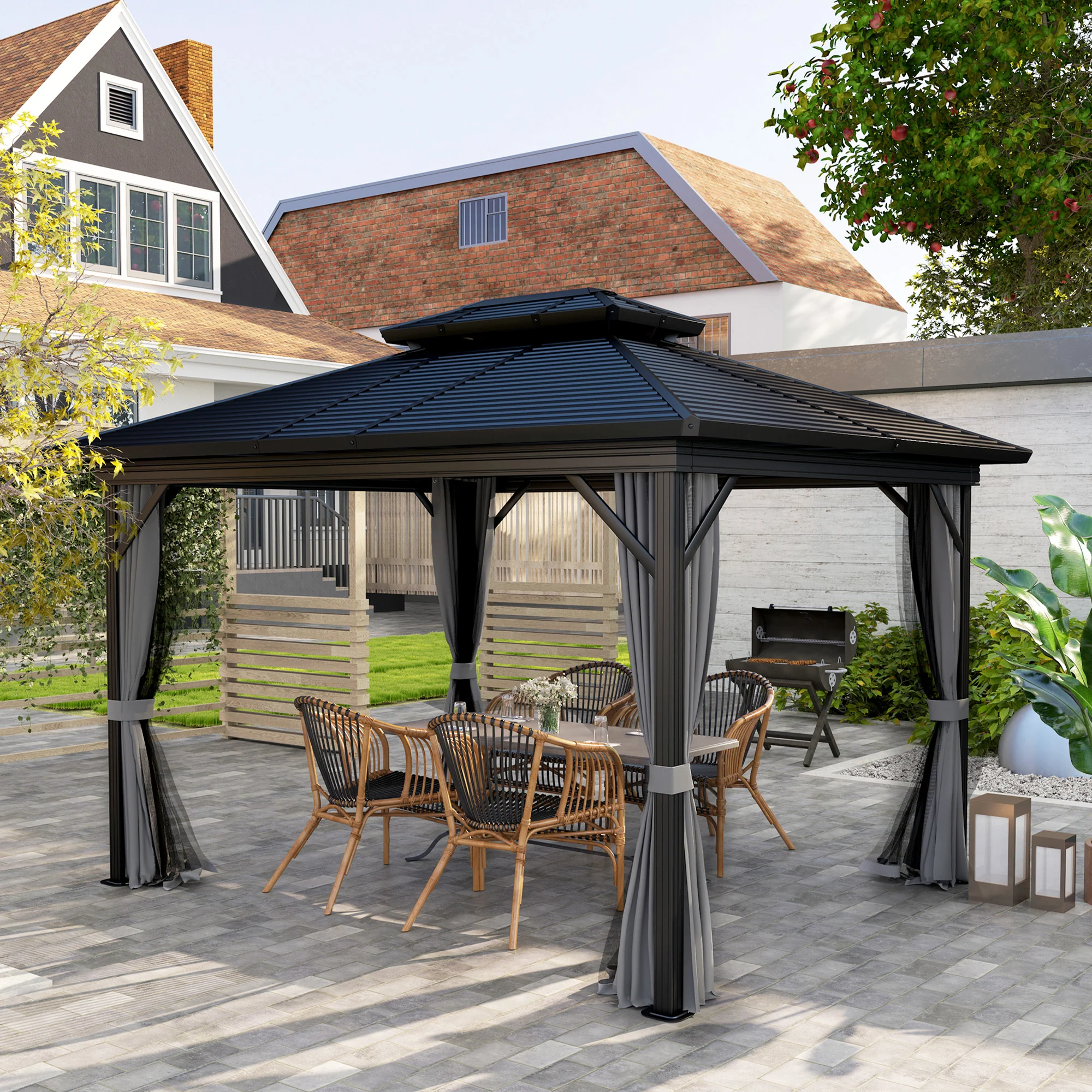 10' x 12' Hardtop Gazebo with Double Roof & Mosquito Netting, Light Grey - Image 4