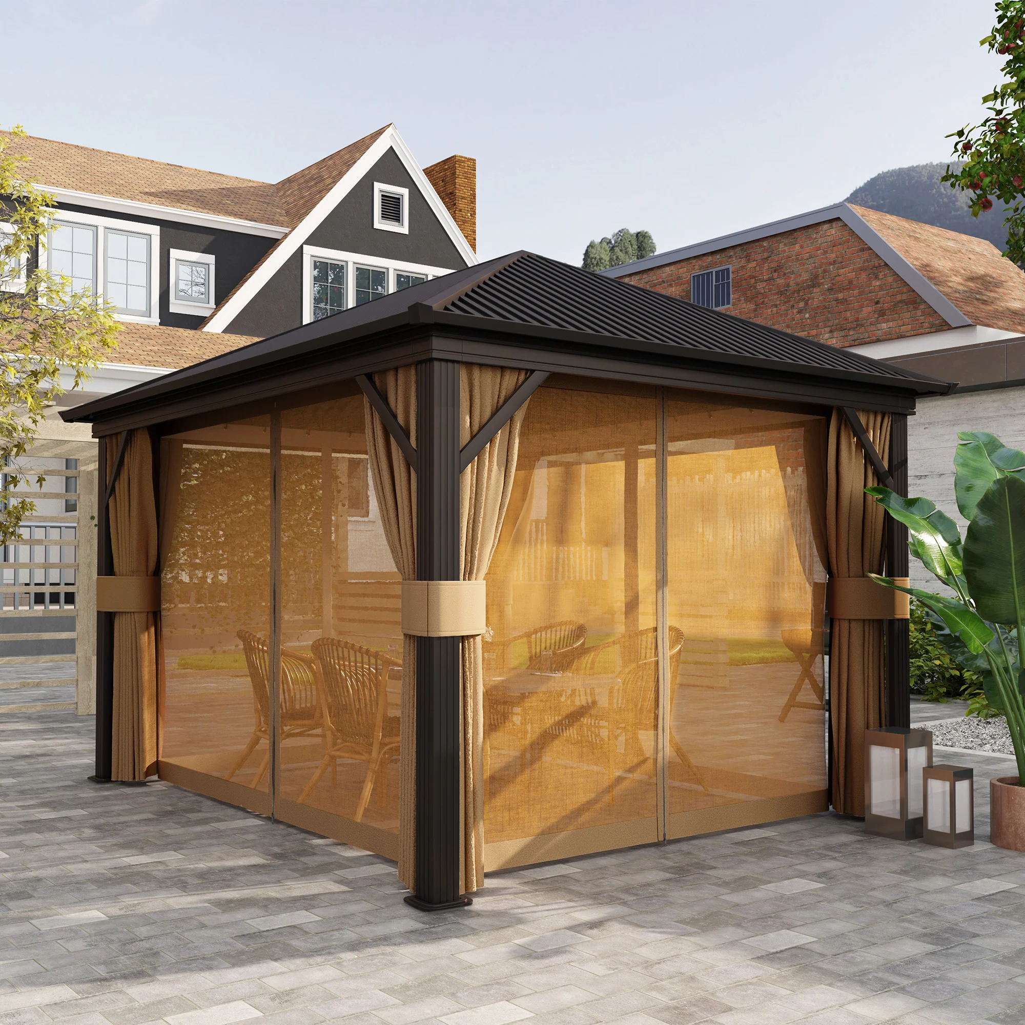 10' x 12' Hardtop Gazebo with Aluminum Frame & Top Hook, Brown - Image 10