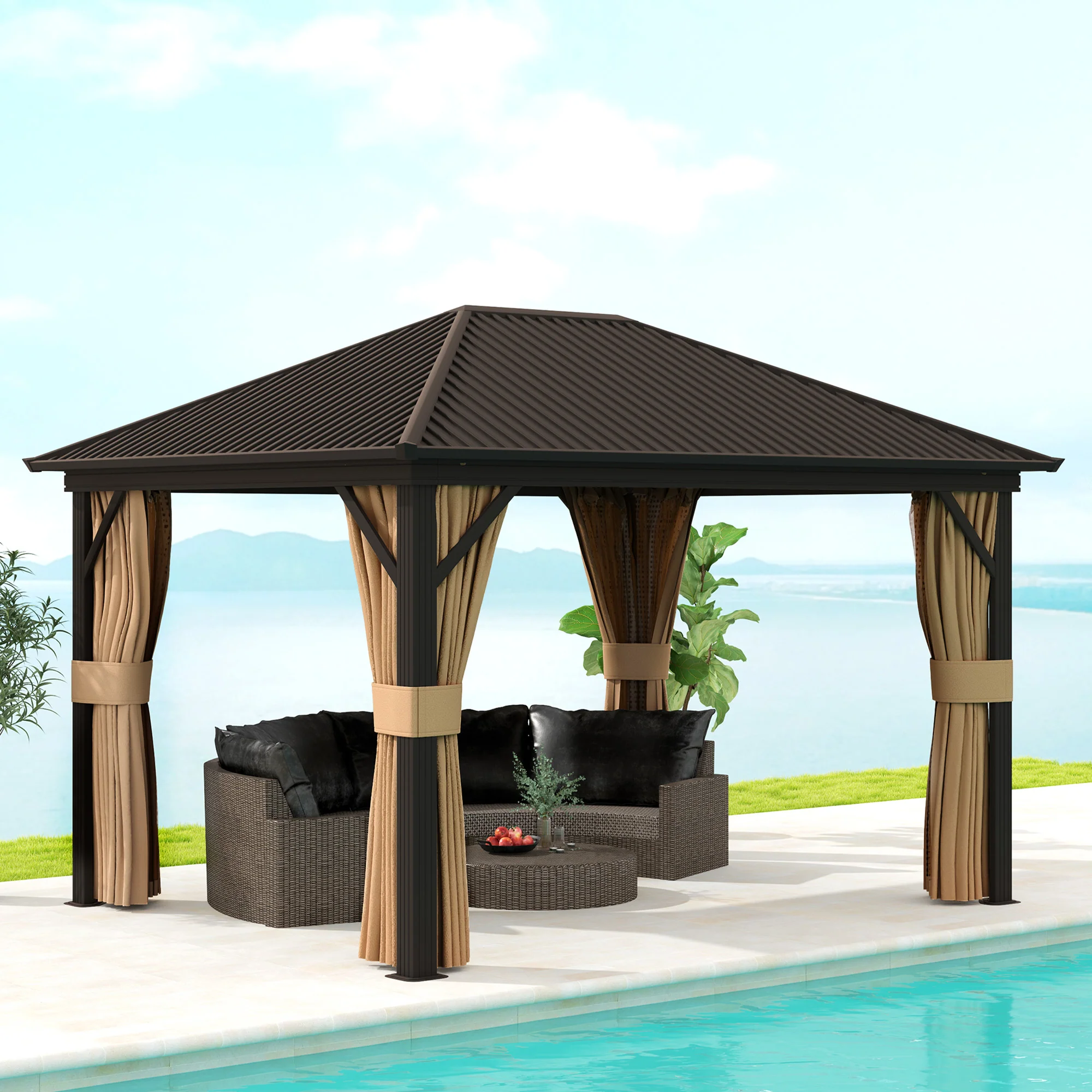 10' x 12' Hardtop Gazebo with Aluminum Frame & Top Hook, Brown - Image 3