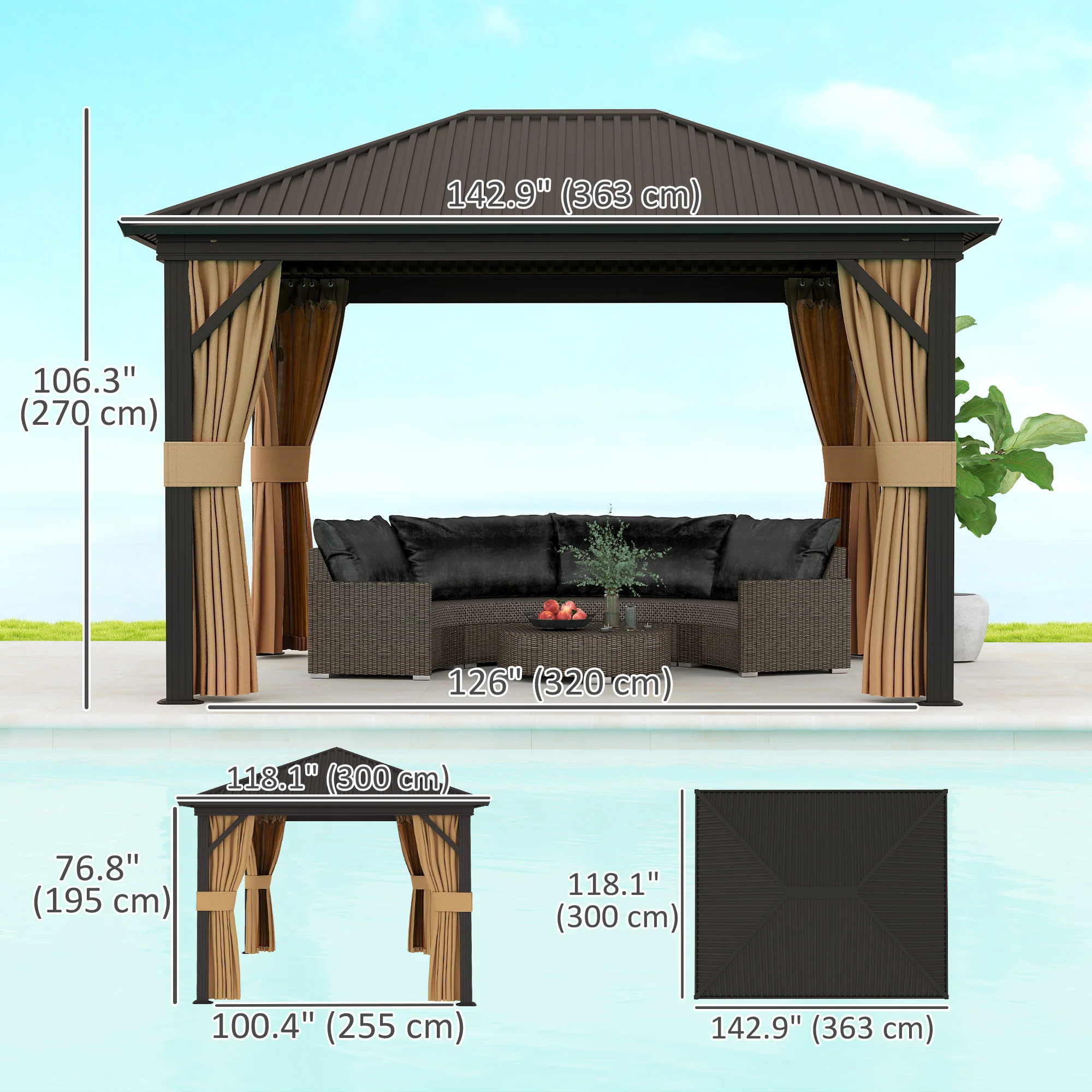 10' x 12' Hardtop Gazebo with Aluminum Frame & Top Hook, Brown - Image 5