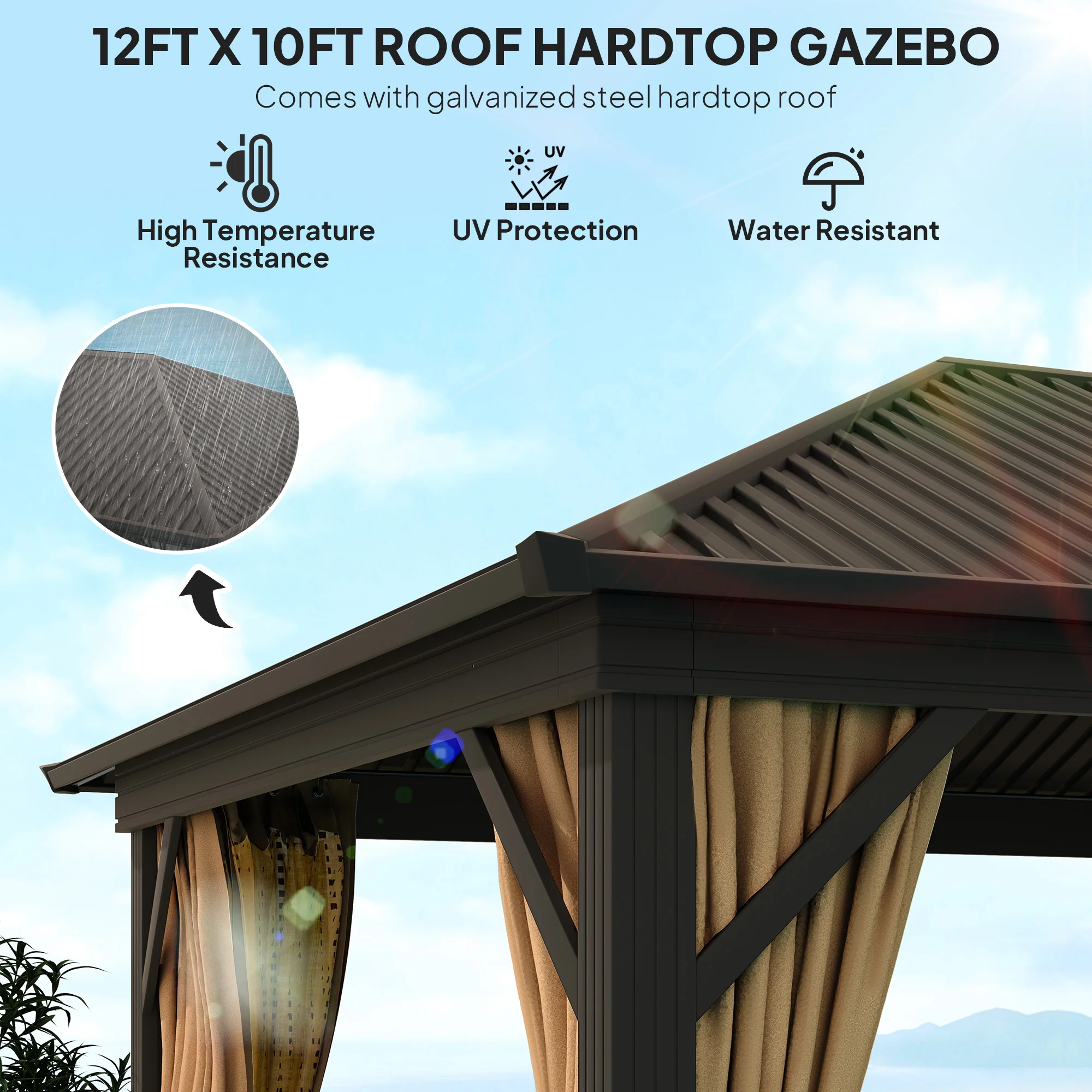 10' x 12' Hardtop Gazebo with Aluminum Frame & Top Hook, Brown - Image 6