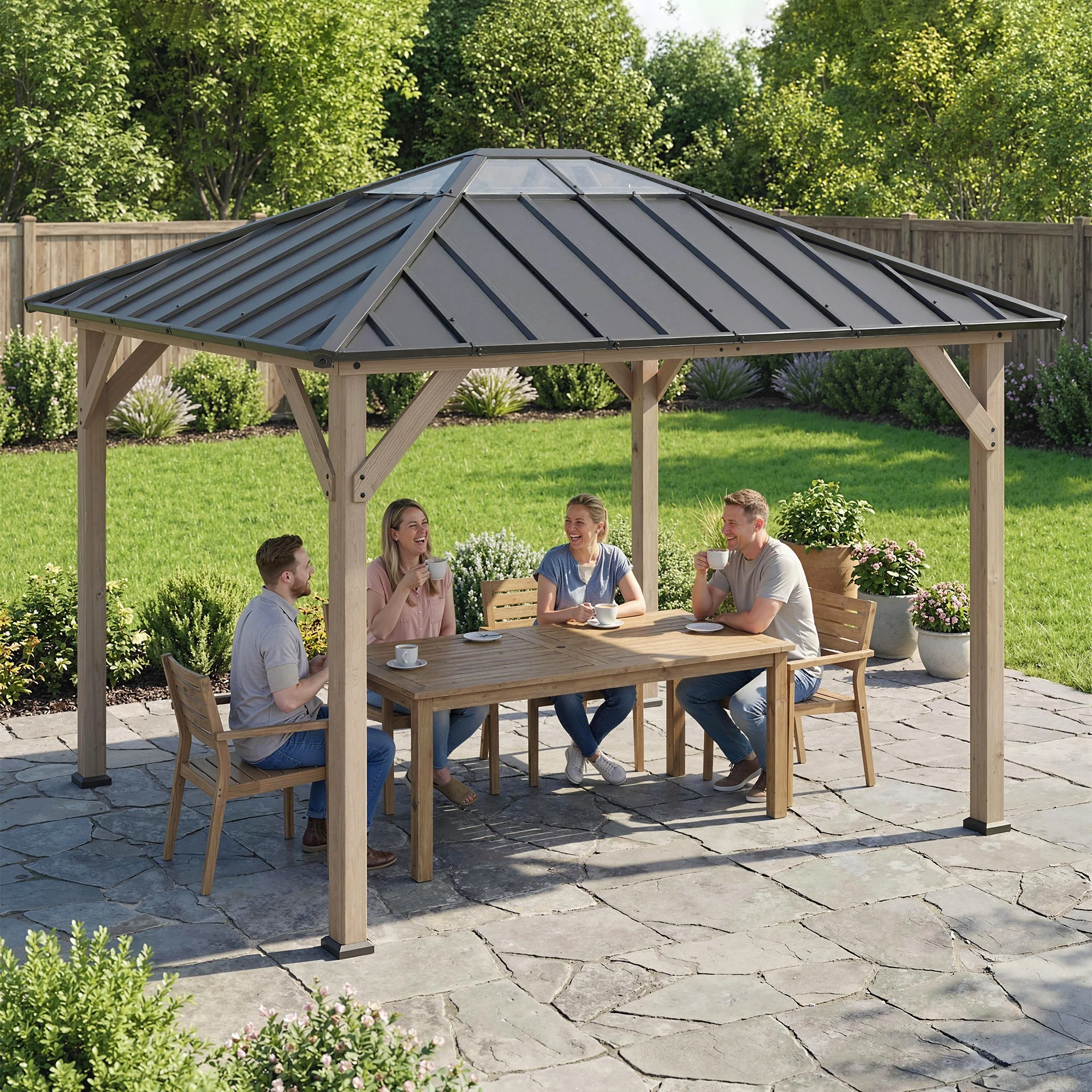 10' x 12' Wood Hardtop Gazebo with Clear Roof, Light Walnut - Image 10