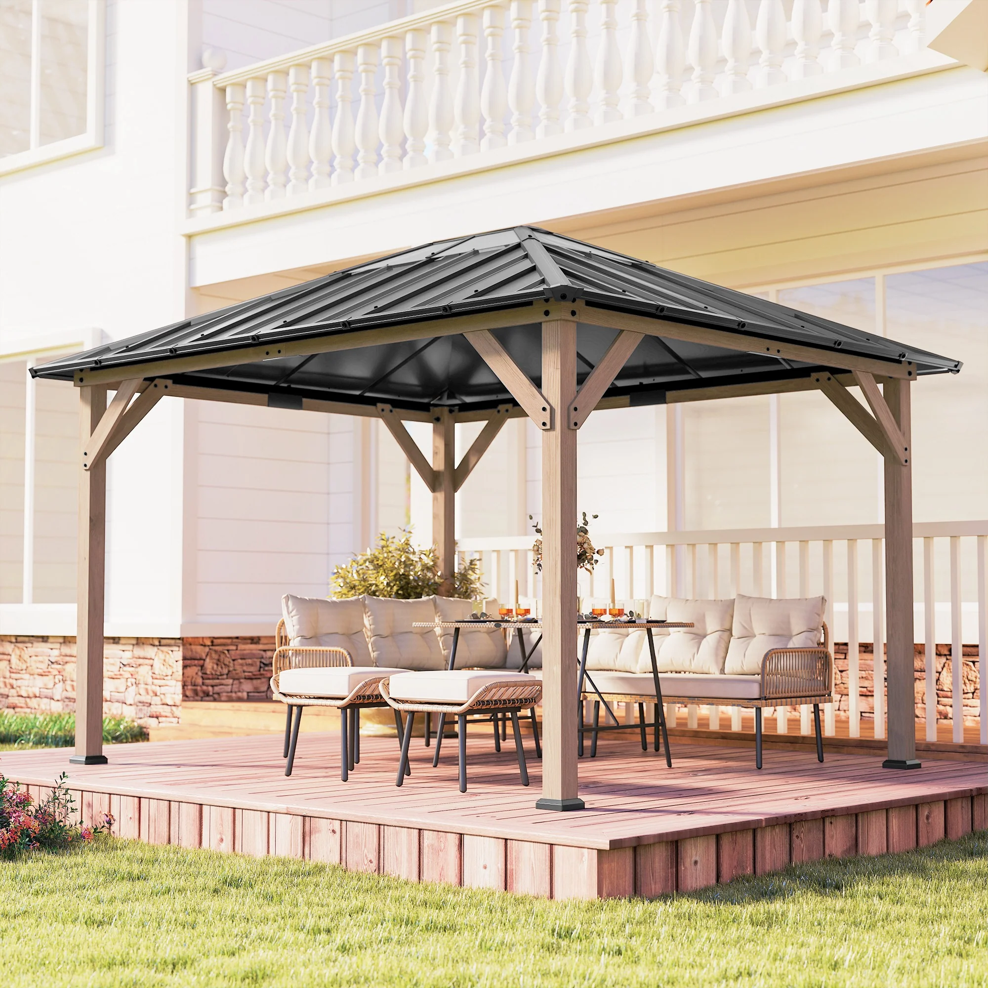 10' x 12' Wood Hardtop Gazebo with Clear Roof, Light Walnut - Image 11