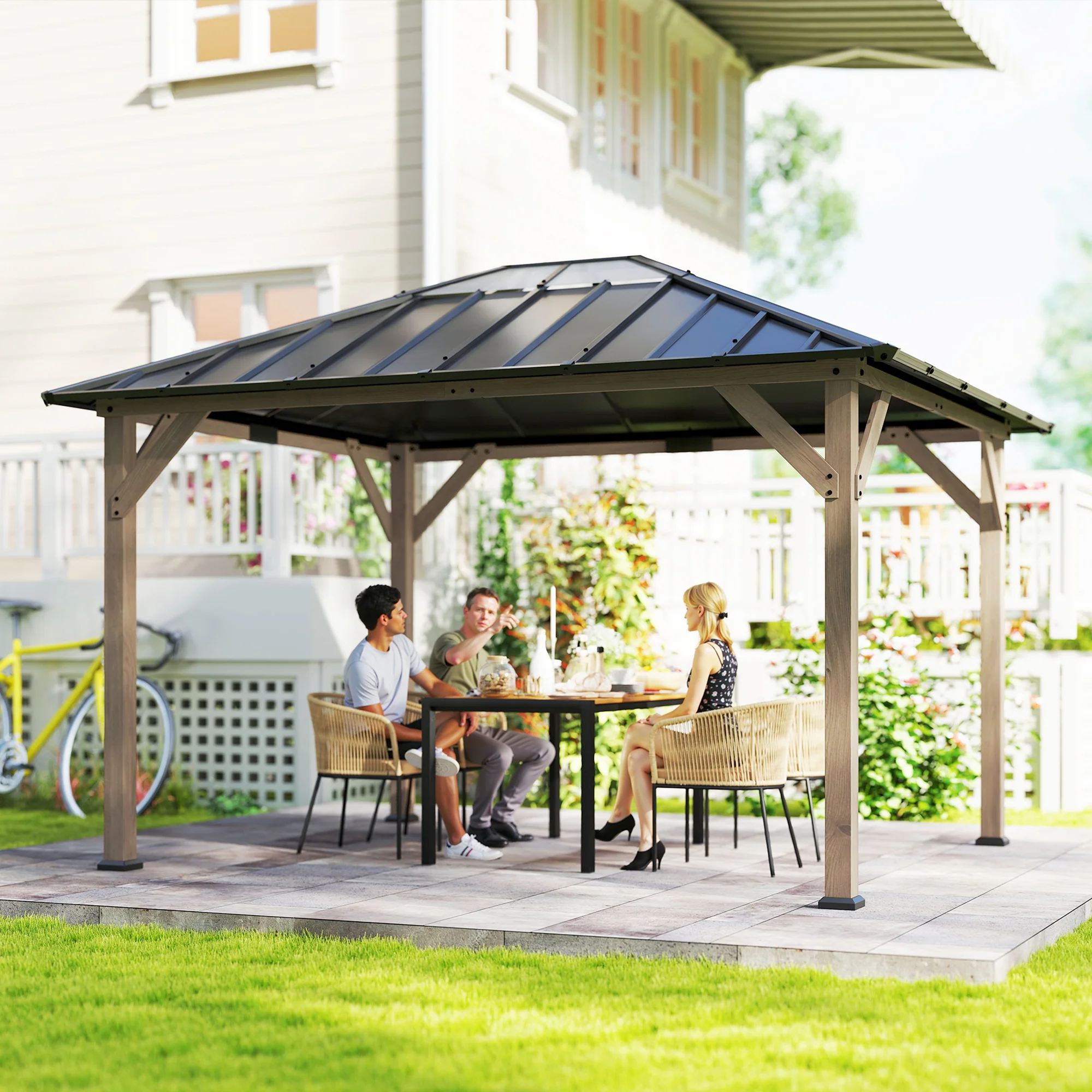 10' x 12' Wood Hardtop Gazebo with Clear Roof, Light Walnut - Image 3