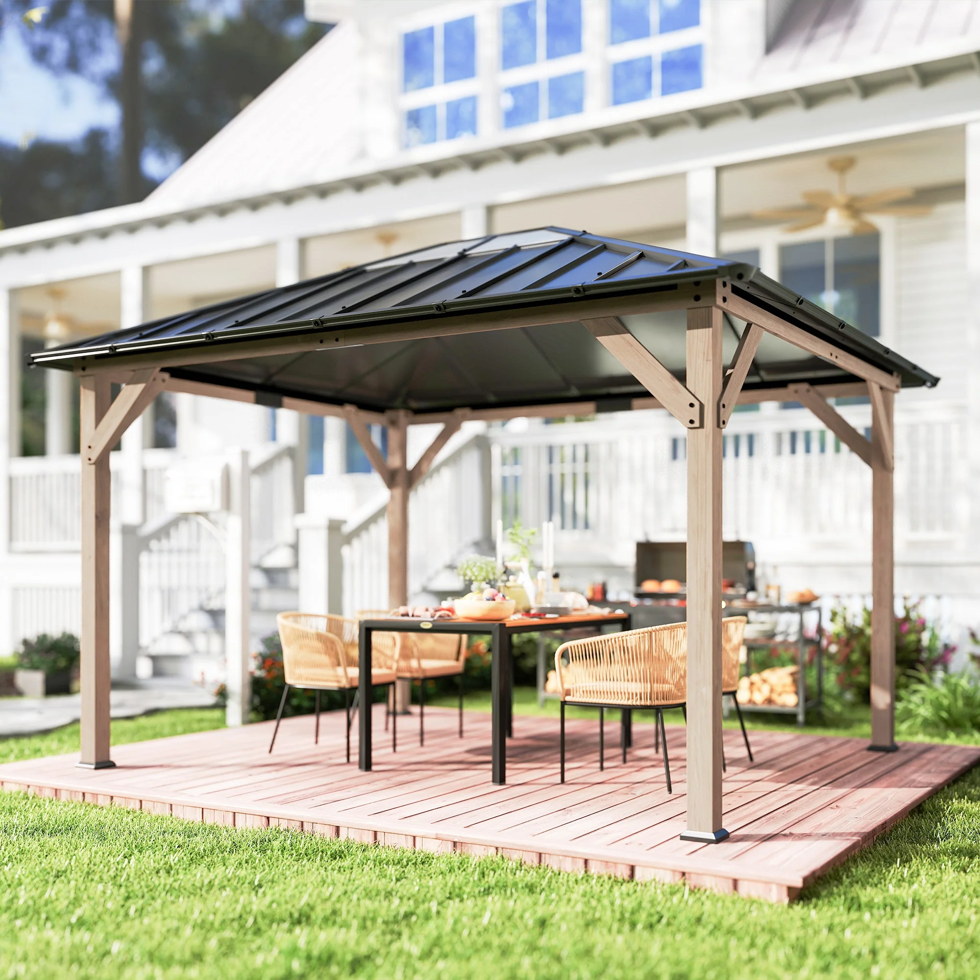 10' x 12' Wood Hardtop Gazebo with Clear Roof, Light Walnut - Image 4