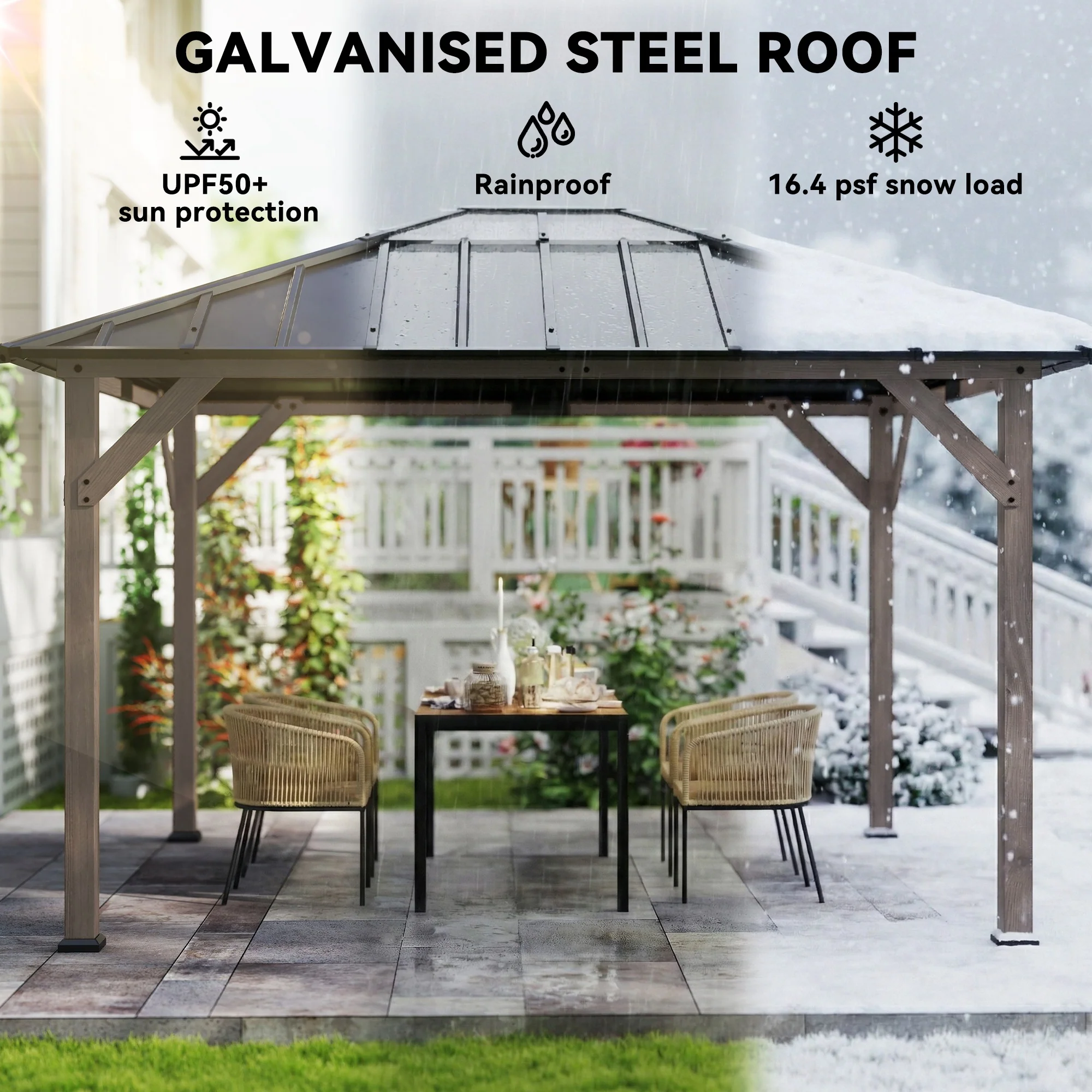 10' x 12' Wood Hardtop Gazebo with Clear Roof, Light Walnut - Image 6