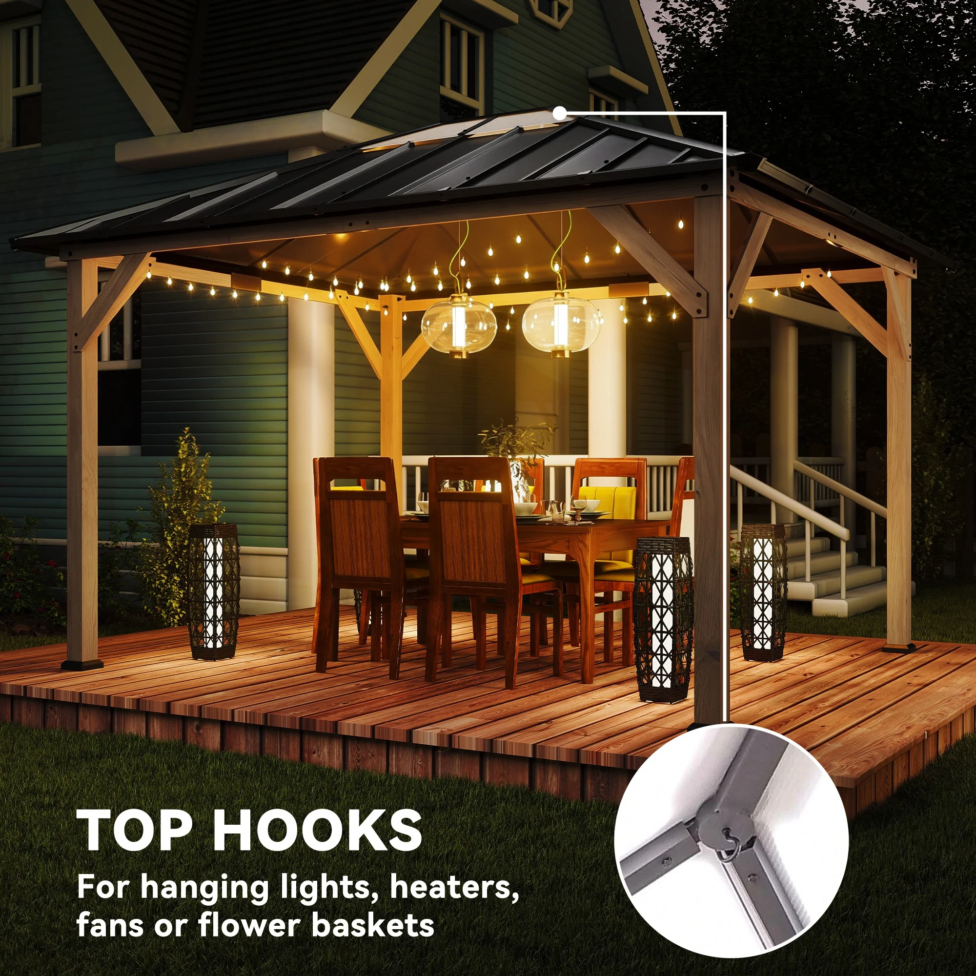 10' x 12' Wood Hardtop Gazebo with Clear Roof, Light Walnut - Image 9