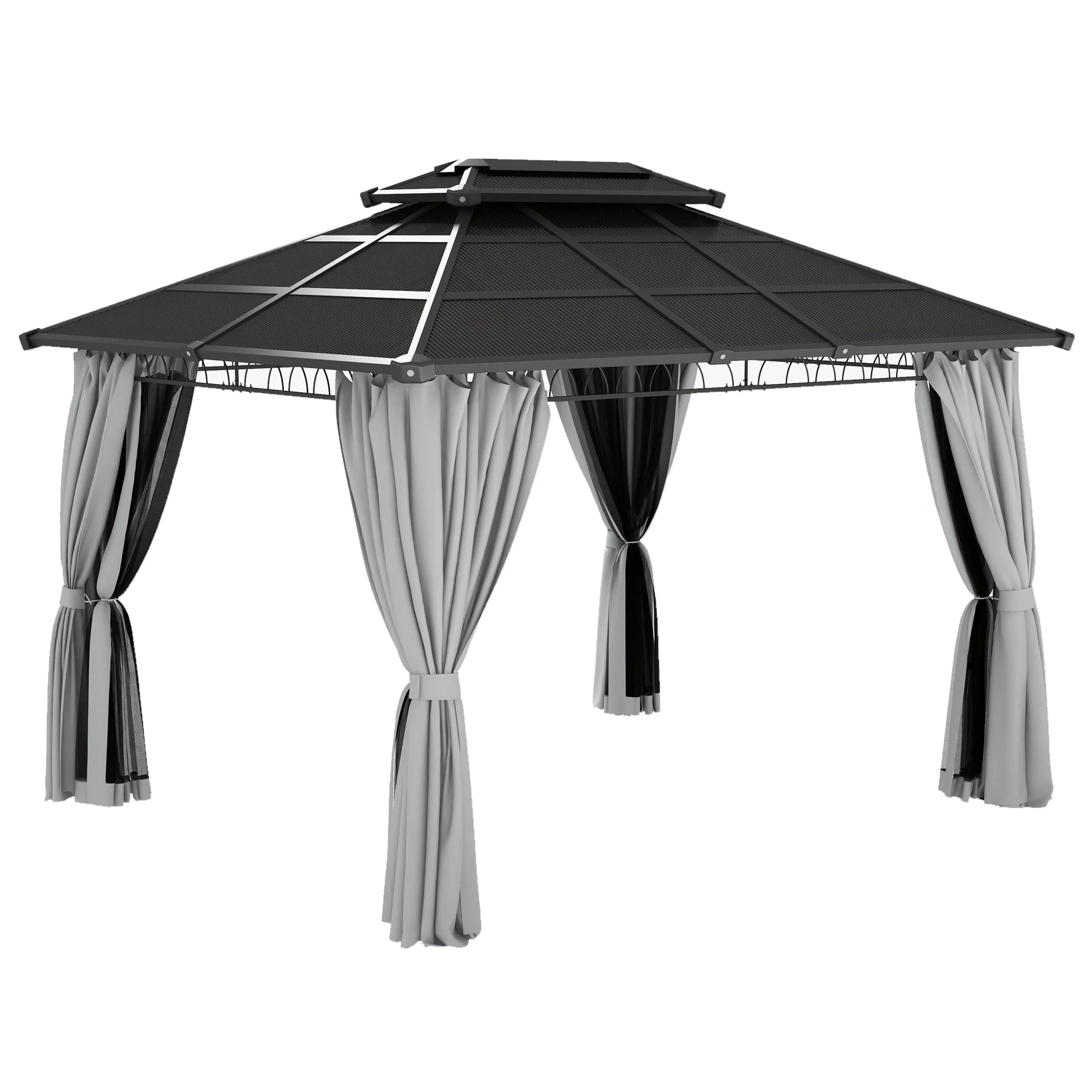 10' x 12' Outdoor Gazebo Canopy with Polycarbonate Roof, Nettings and Curtains, Light Grey