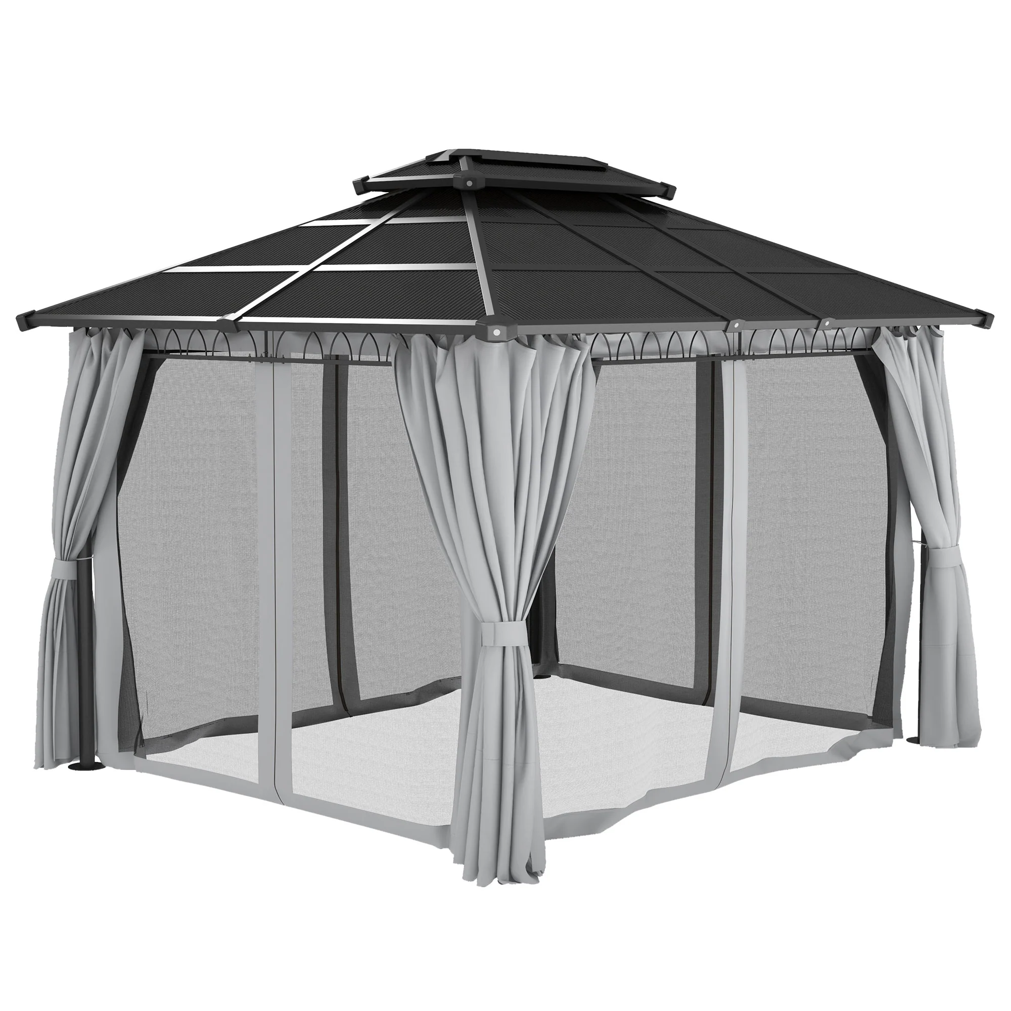 10' x 12' Outdoor Gazebo Canopy with Polycarbonate Roof, Nettings and Curtains, Light Grey - Image 2