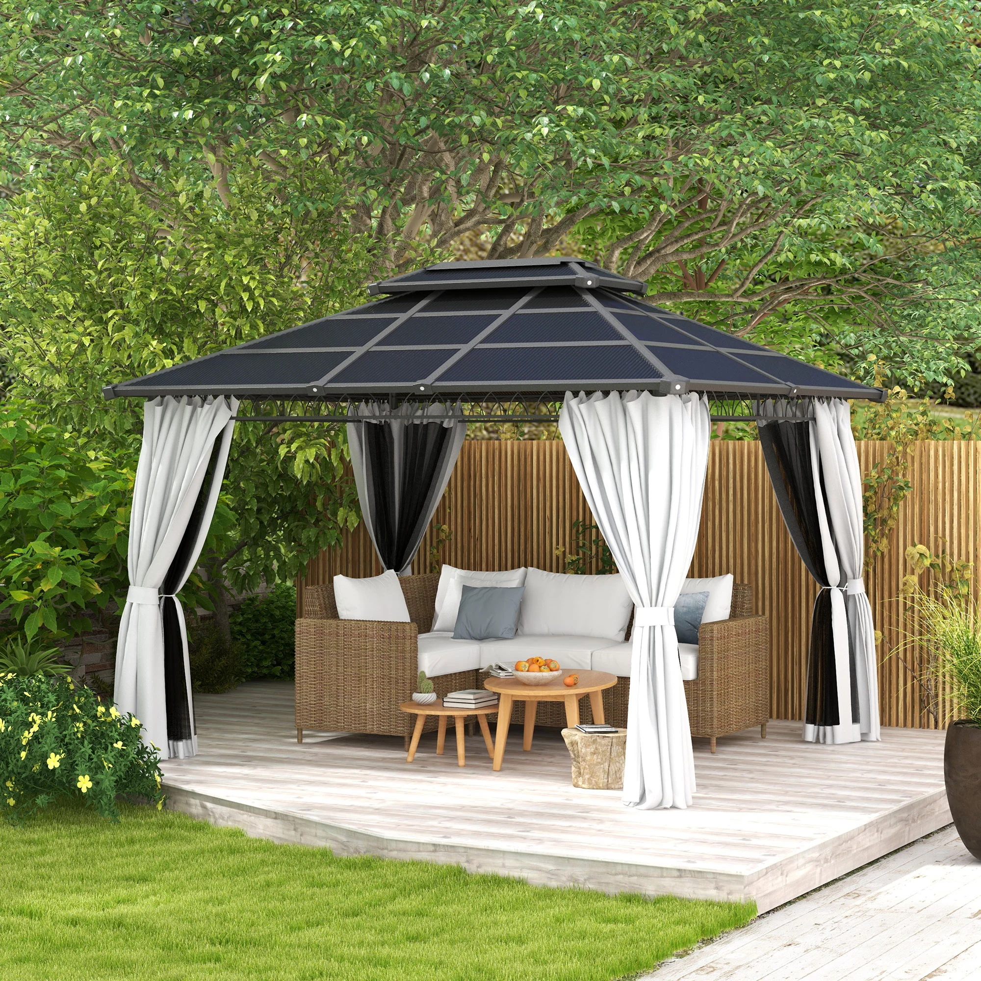 10' x 12' Outdoor Gazebo Canopy with Polycarbonate Roof, Nettings and Curtains, Light Grey - Image 3