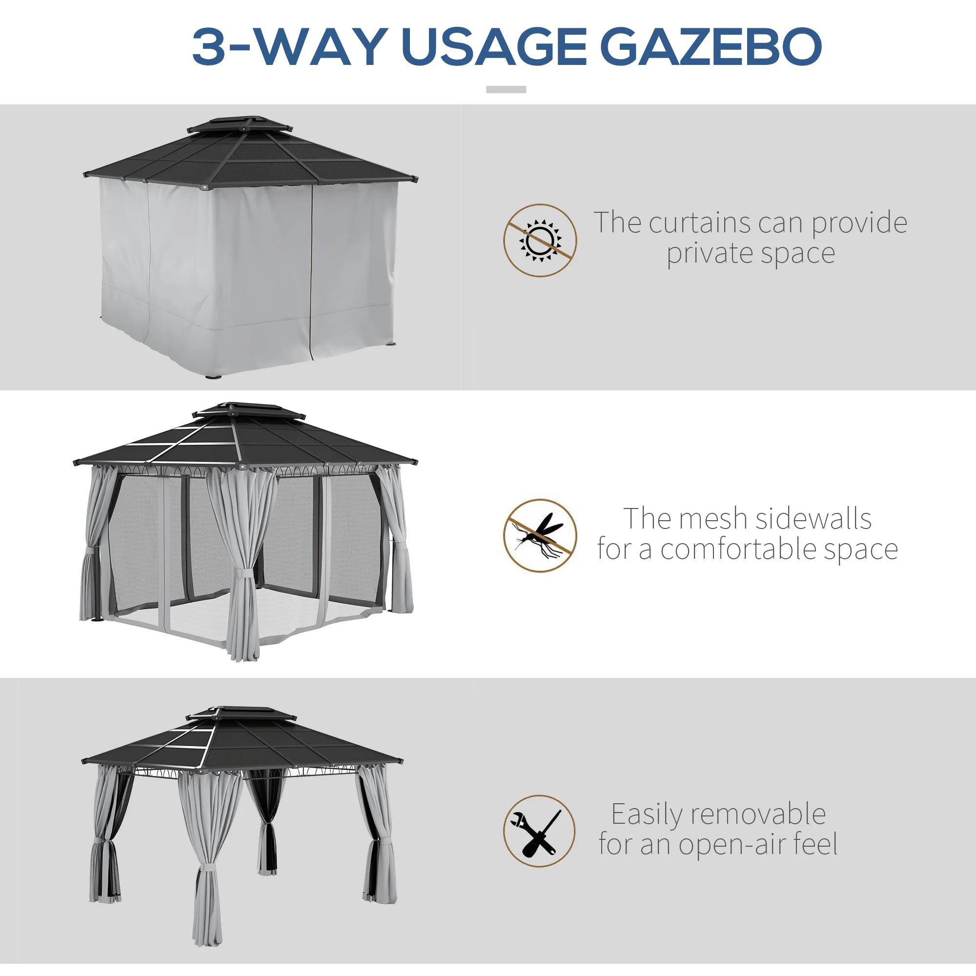 10' x 12' Outdoor Gazebo Canopy with Polycarbonate Roof, Nettings and Curtains, Light Grey - Image 7
